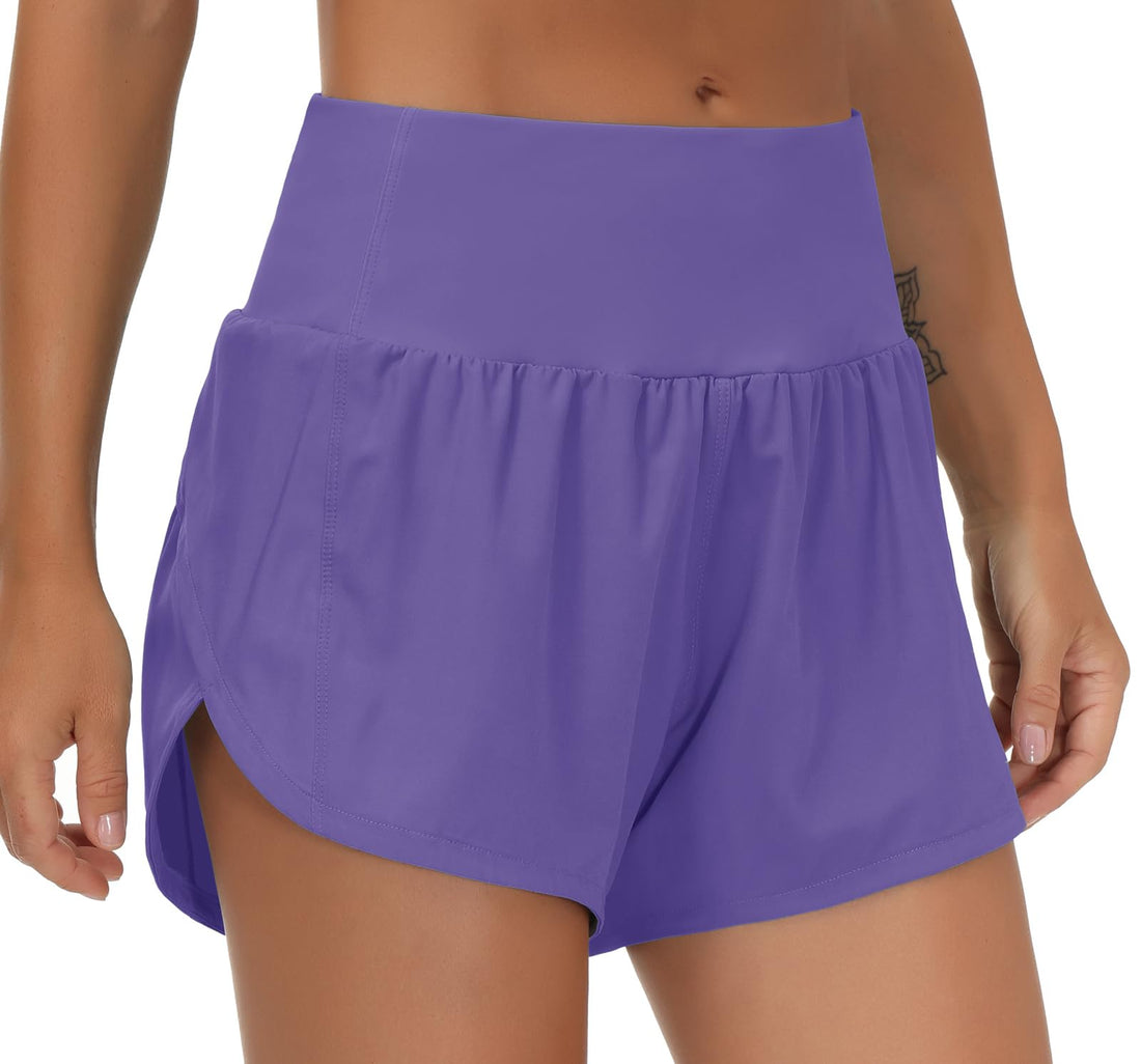 THE GYM PEOPLE Women's High Waisted Running Shorts Quick Dry Workout Shorts | High Waist, Slim Fitted, Built-in Mesh Lined, Back Zipper Pockets, Lightweight, Breathable, Side Slit