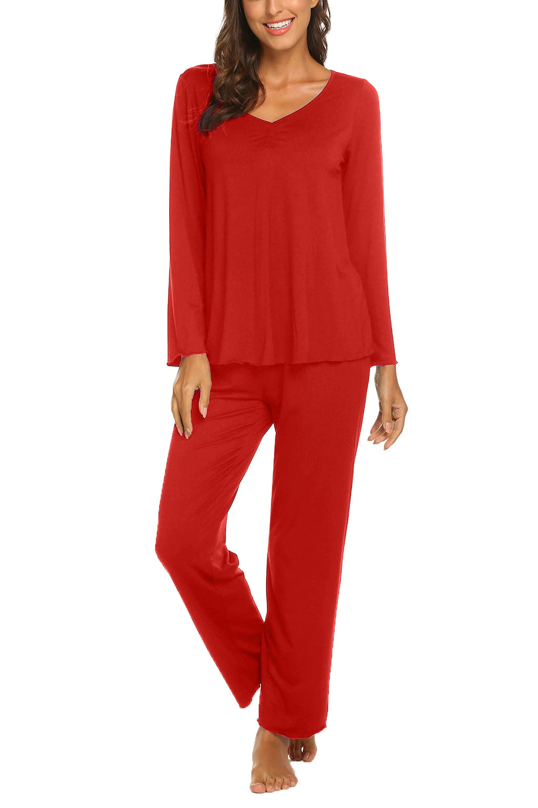 Ekouaer Pajamas for Women Set Long Sleeve Pleated Top and Pants Loungewear