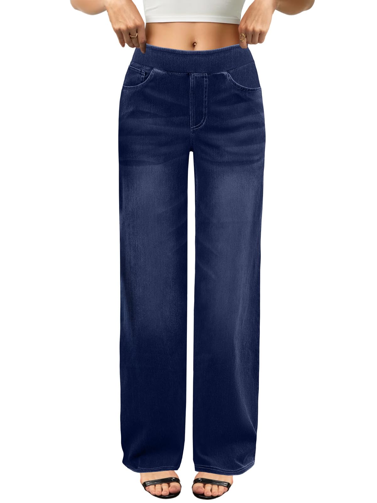 COPYLEAF Wide Leg Jeans Woman High Waisted Stretchy Baggy Sweatpant Jeans Pull On Straight Leg Loose Trendy Denim Pants