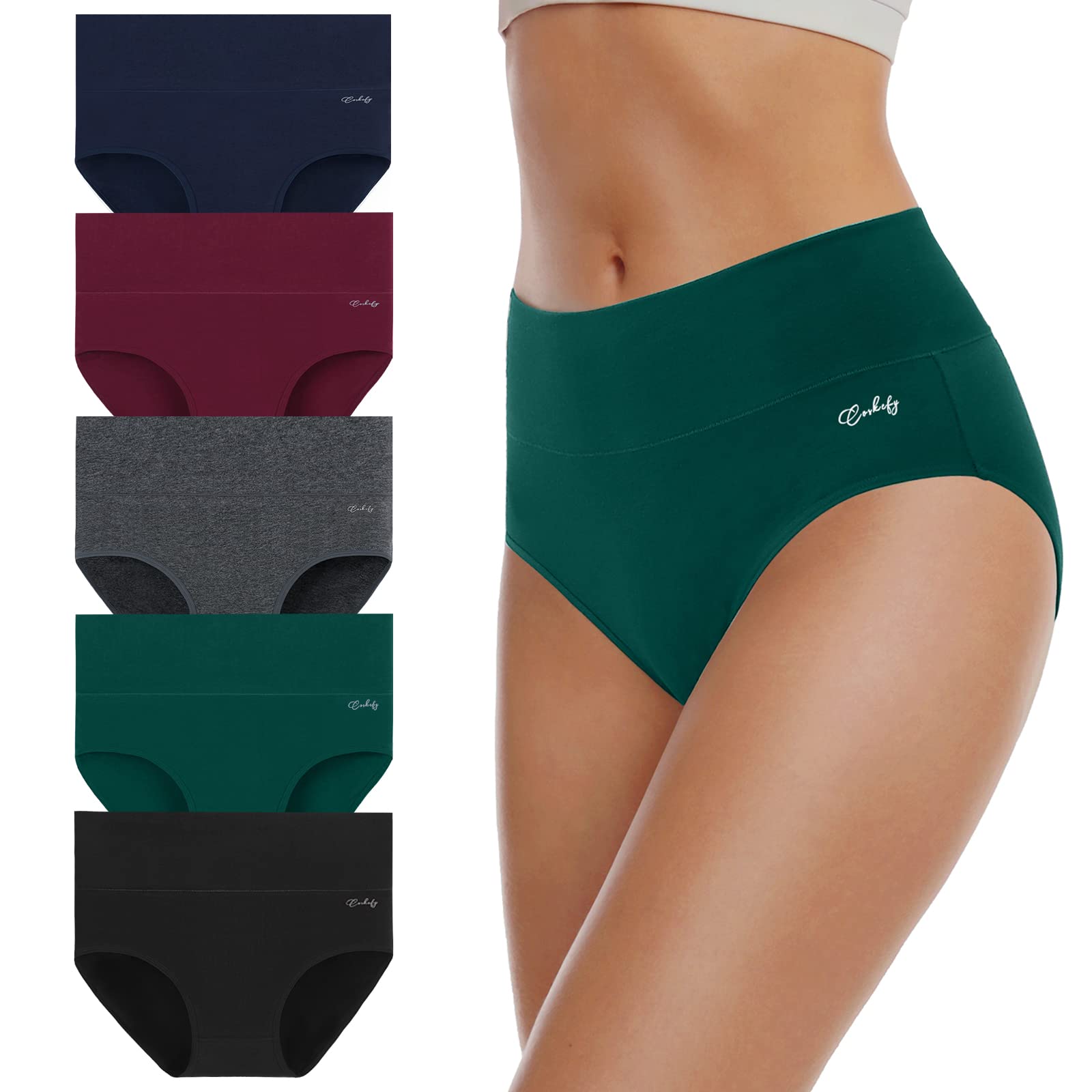 coskefy Women's High Waisted Cotton Underwear Soft Breathable Panties Stretch Briefs Ladies Panties 5 Pack