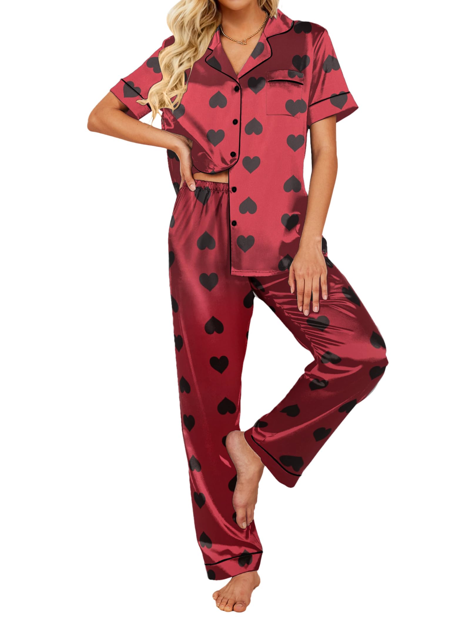 Ekouaer 2 Piece Satin Short Sleeve Pajamas Set Button Down Sleepwear