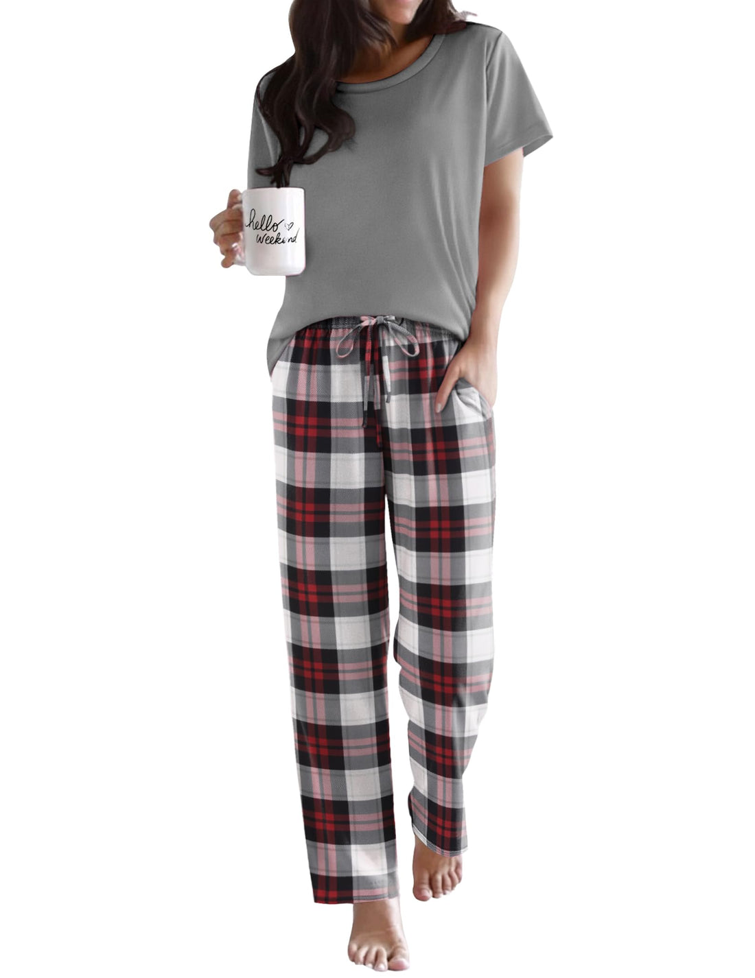 Ekouaer Womens Pajamas Sets Round Neck Pjs Loose Lounge Sets Sleepwear