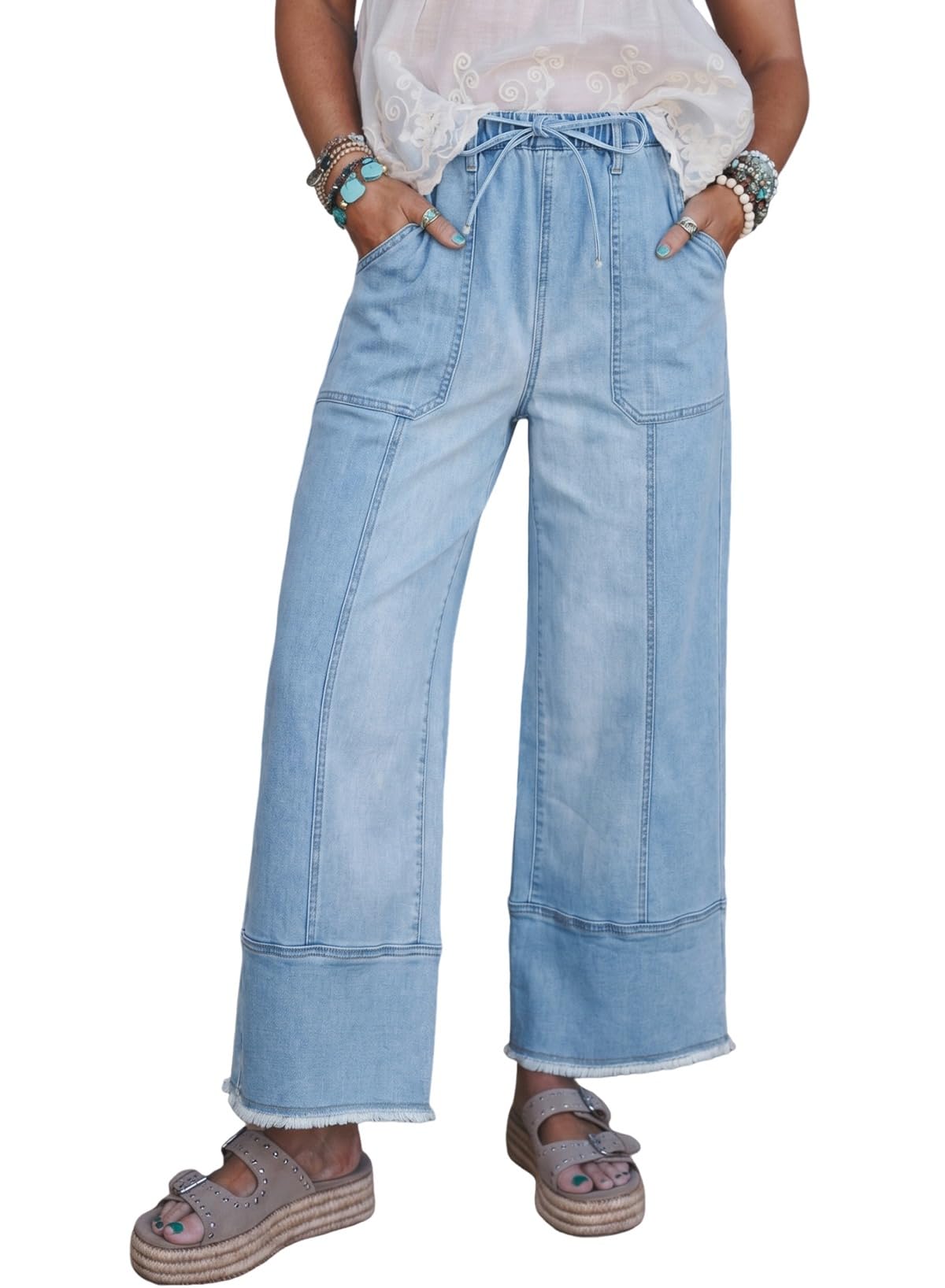 SHEWIN Women's Wide Leg Jeans High Waisted Baggy Jeans Stretchy Drawstring Denim Pants