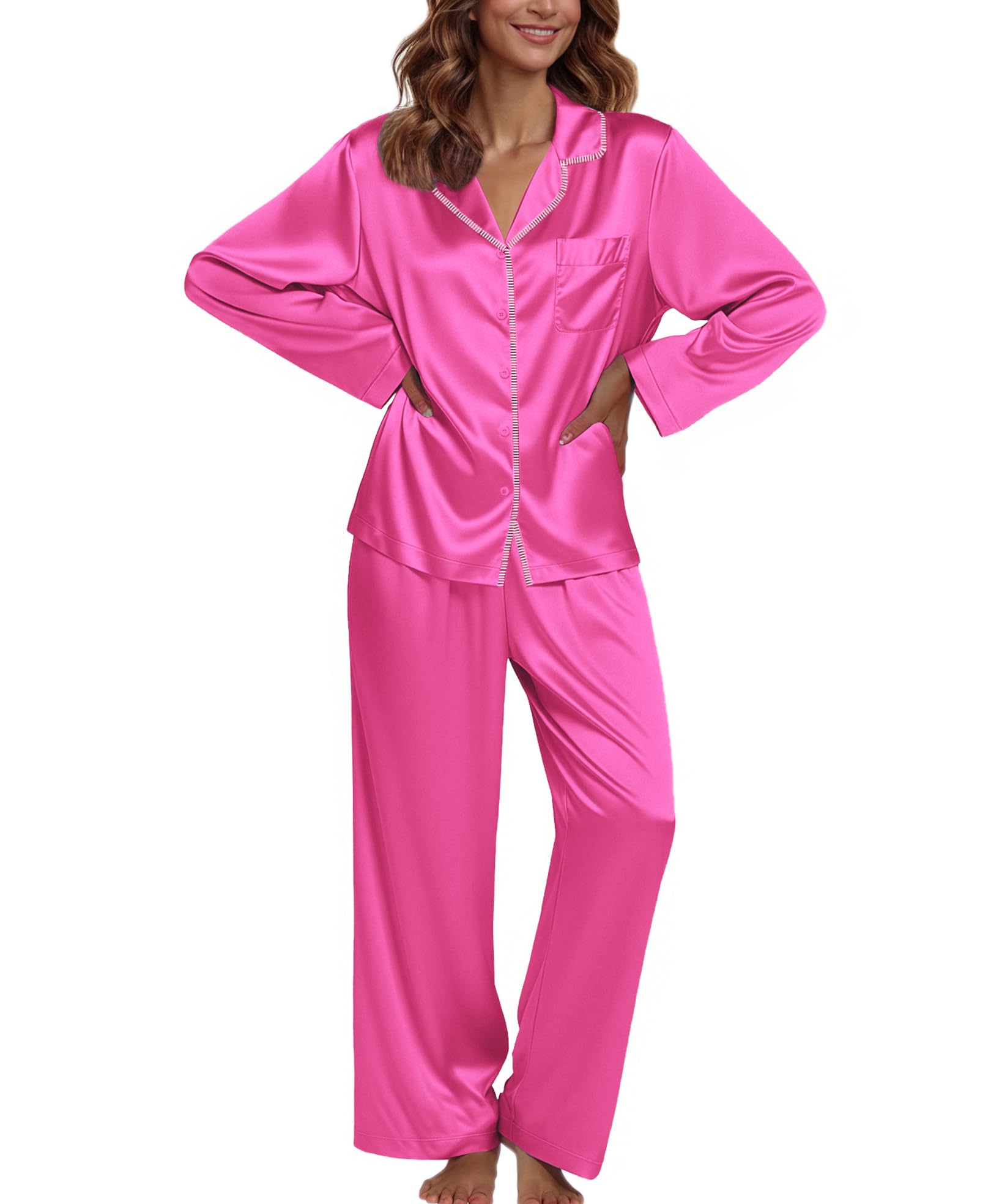 Ekouaer Pajamas For Women Silk Pjs Long Sleeve Button Down Lounge Sets