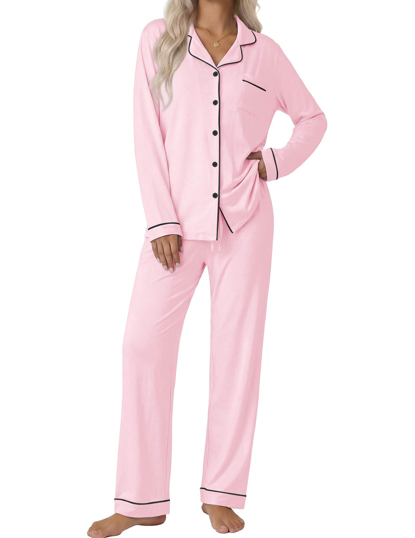 Ekouaer Women's Classic Long Sleeve Button Down Pajama Set