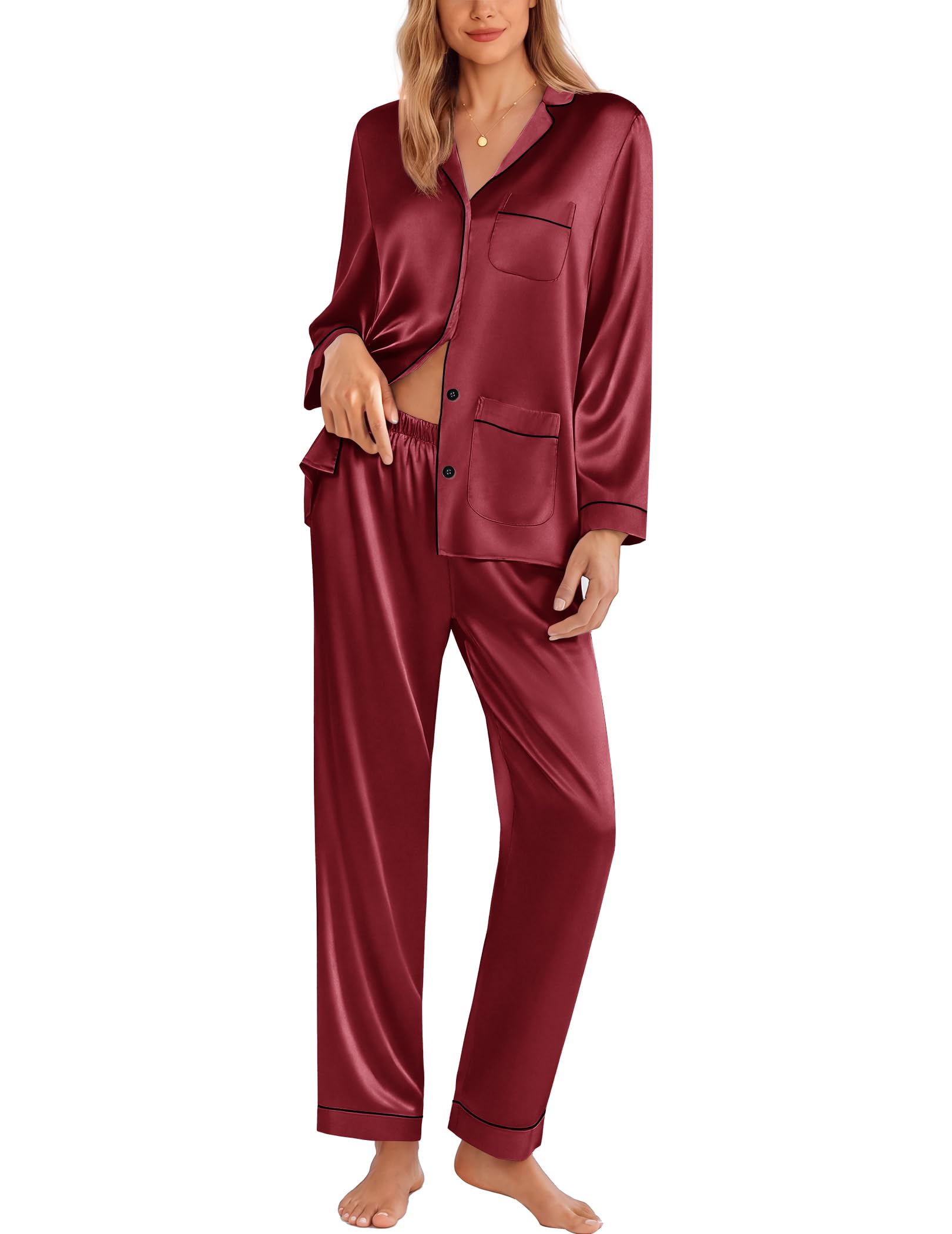 Ekouaer Pajamas for Women Silk Satin Button Down Long Sleeve Pajama Sets