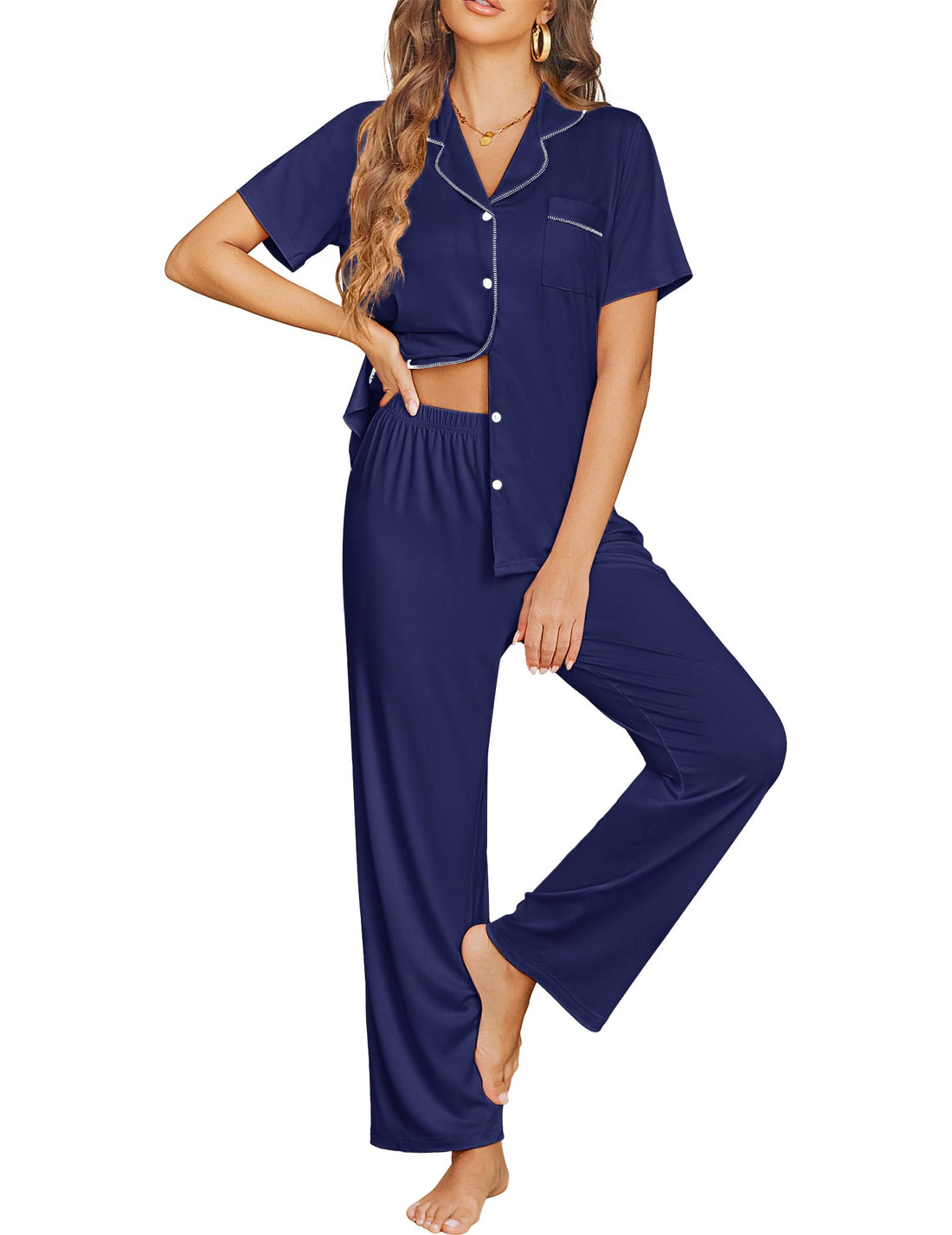 Ekouaer Womens Pajama Sets Button Down Lounge Sets 2 Piece Short Sleeve Pjs