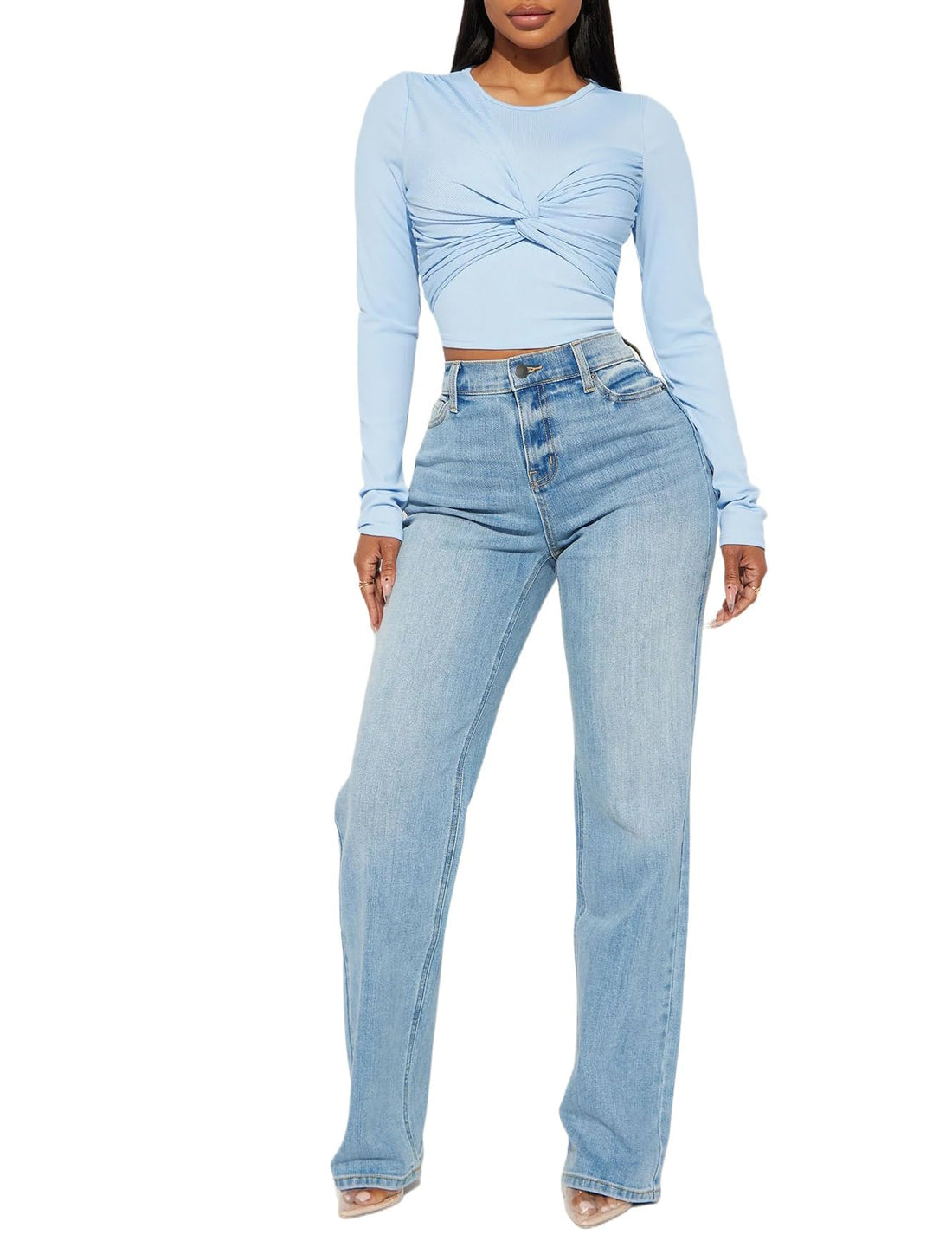 BessCops Straight Leg Jeans for Women High Waisted Wide Leg Stretchy Loose Denim Pants