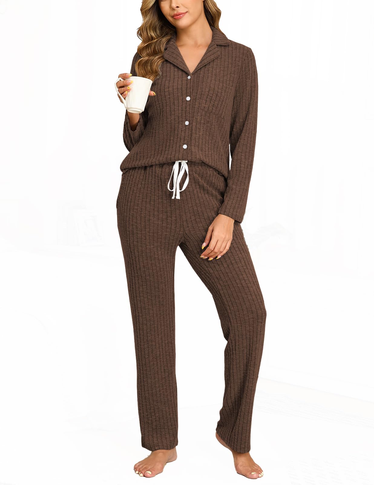 Veseacky Women's Ribbed Knit Pajamas Set 2 Piece Warm Soft Loungewear Sleepwear Pjs S-XXL