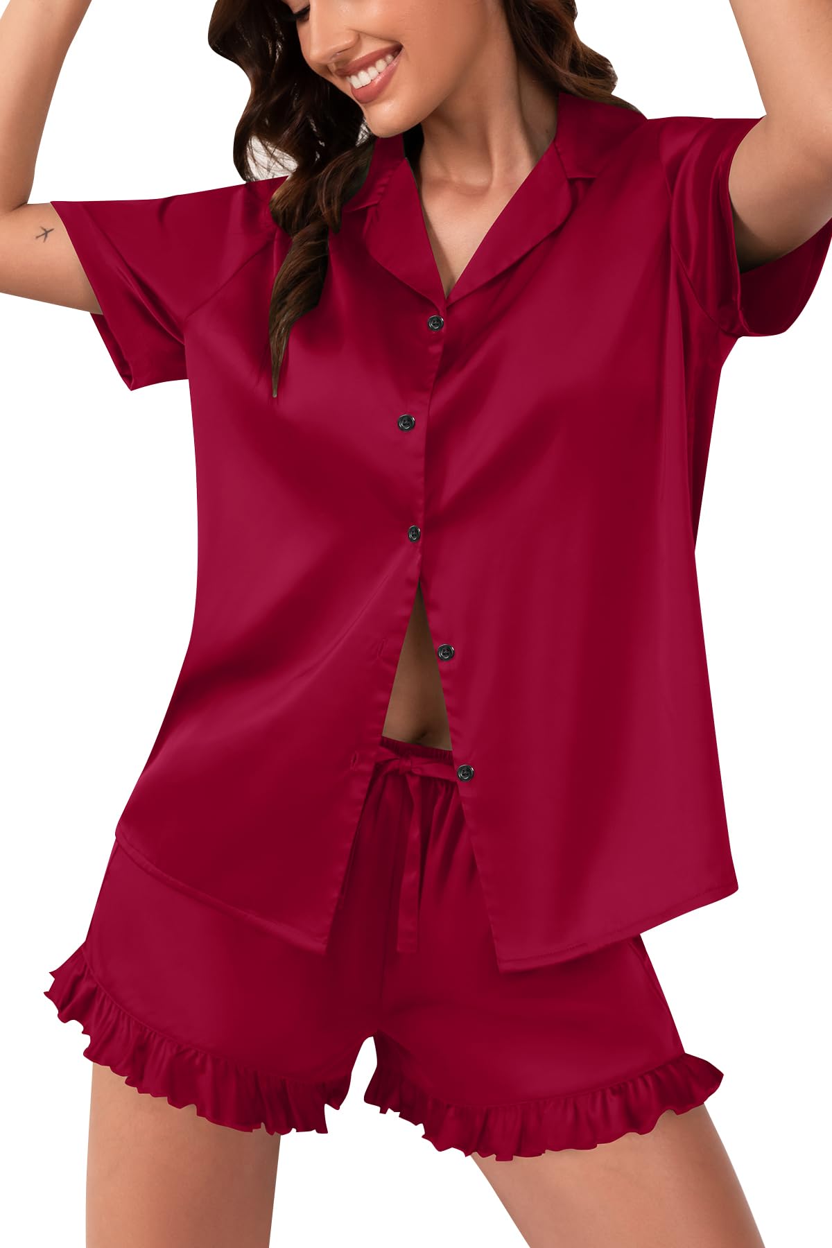 Women‘s Satin Pajamas Set, Silky Soft Short Sleeve Sleepwear, Button Down Pj Set for Home, Vacation, Bridal Party