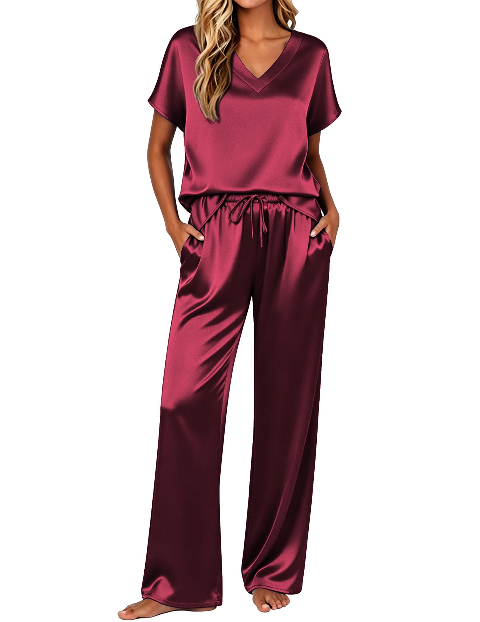 Ekouaer Womens Silk Pajamas Set 2 Piece Satin Pjs Cap Sleeve Loungewear