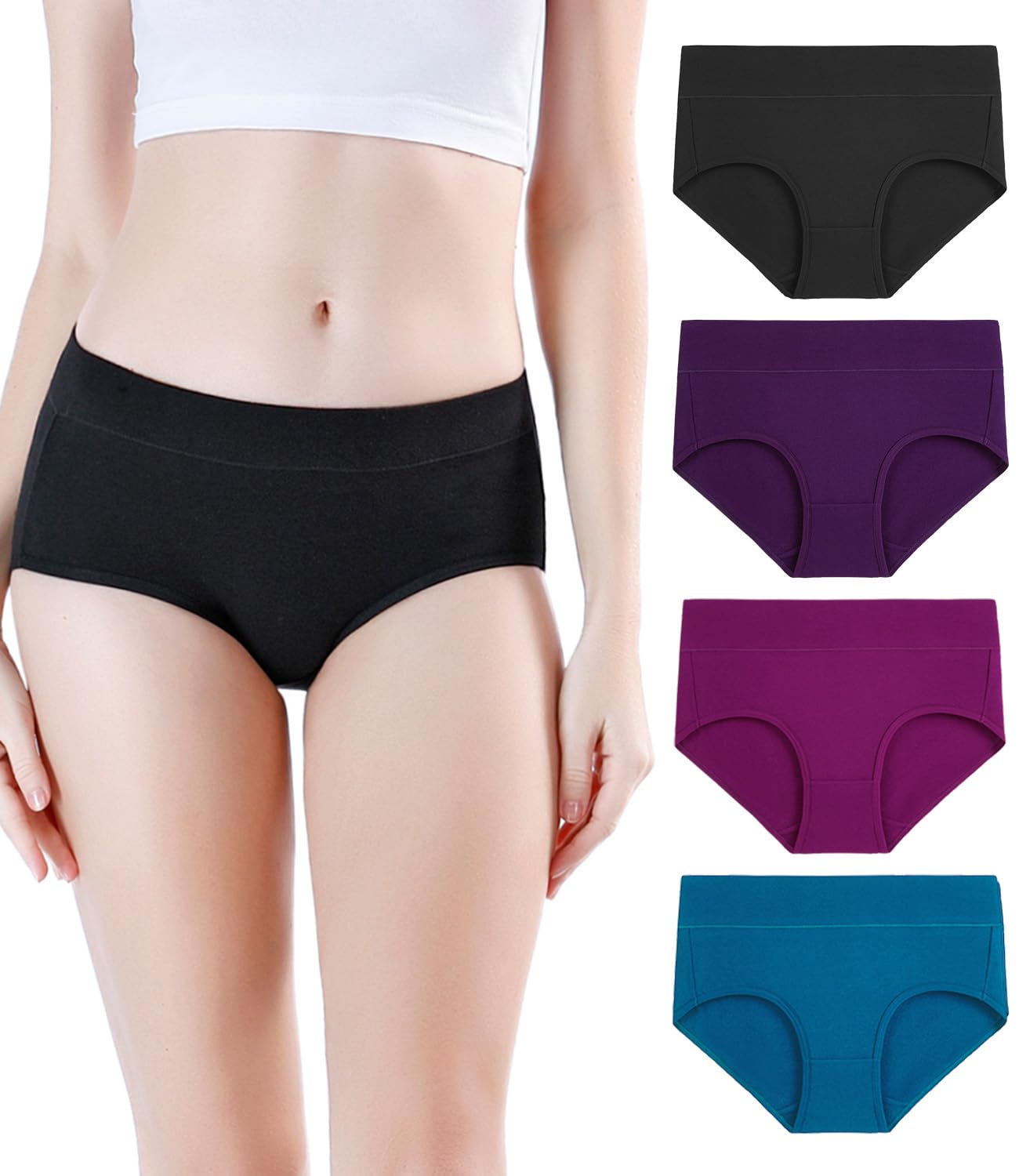 wirarpa Women's Underwear Cotton Mid Waisted Ladies Panties Full Coverage Briefs 4 Pack (Regular & Plus Size)