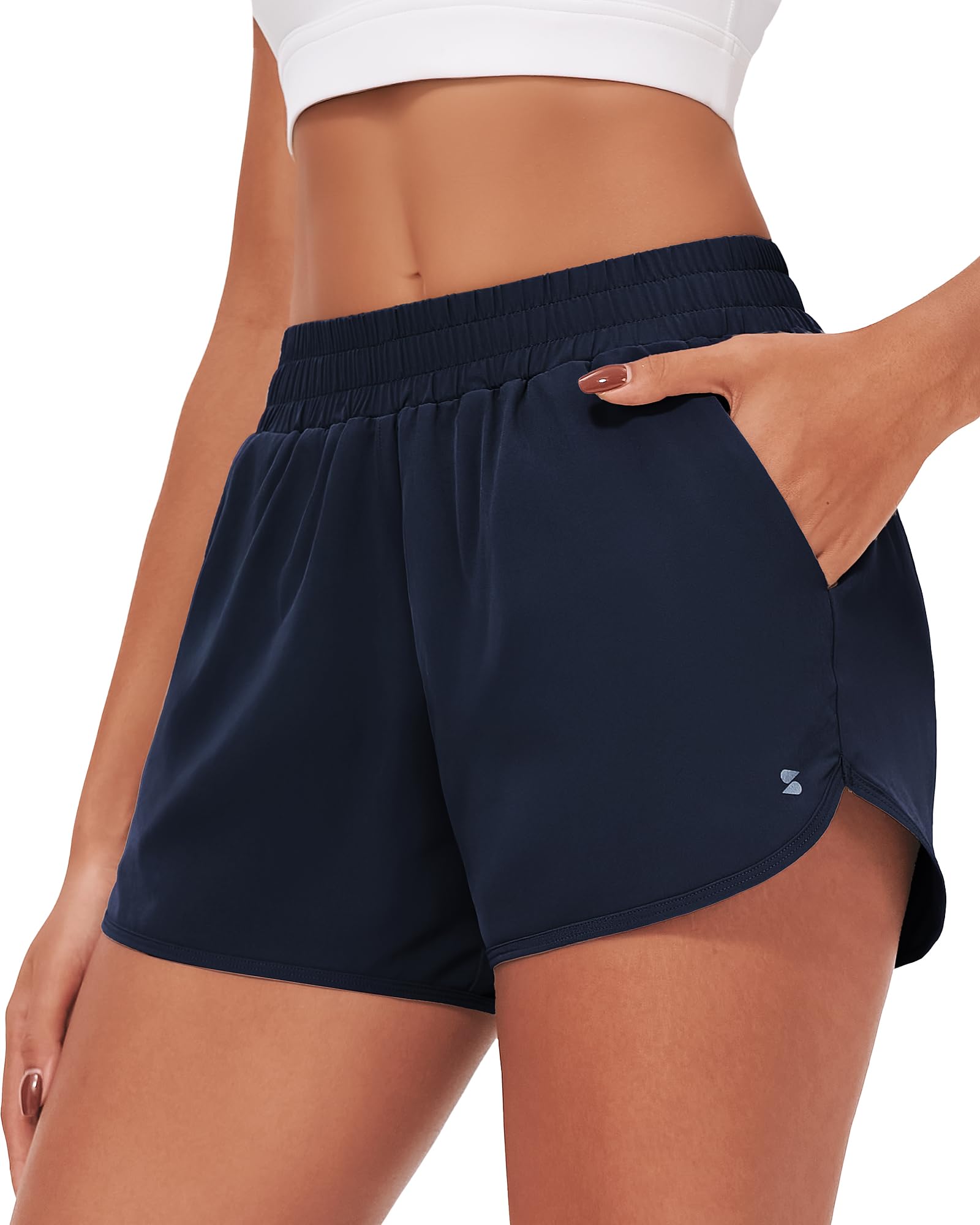 Stelle Womens 3" Running Shorts Mesh Liner High Waisted Workout Shorts Quick Dry Dolphin Athletic Shorts with Pockets