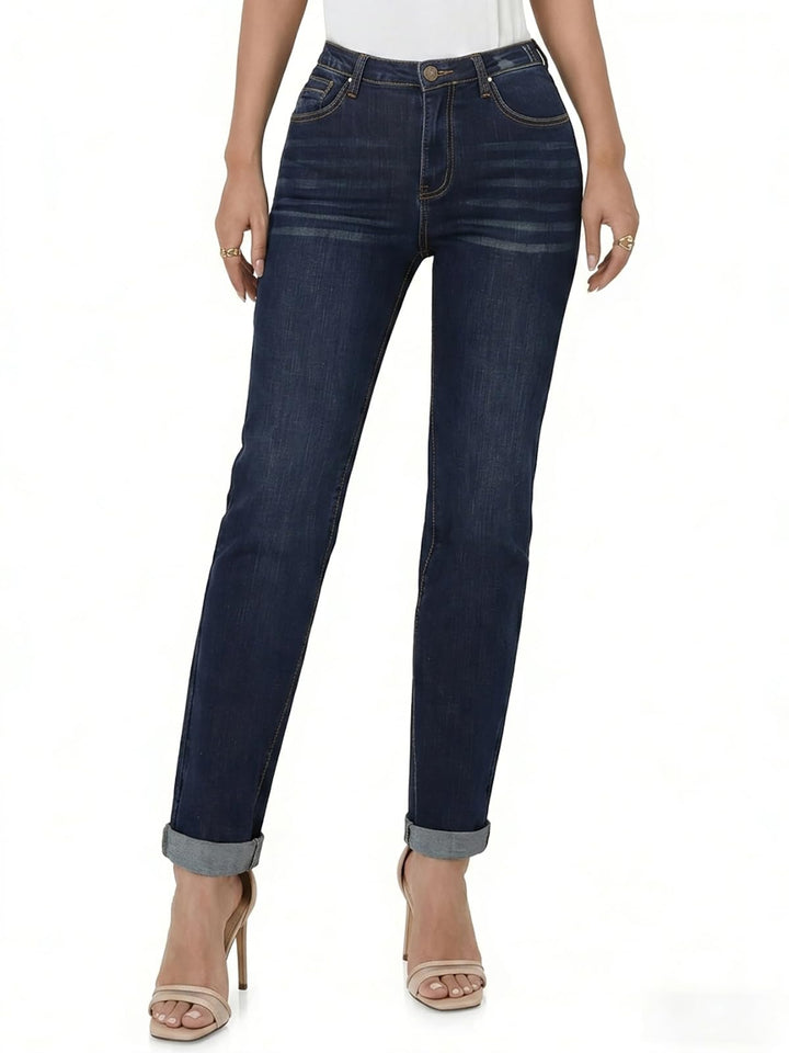 Womens High Waisted Straight Jeans,Dark Wash Rolled Cuff,Slimming Premium Stretch Denim,Size XS to XXL with Pockets