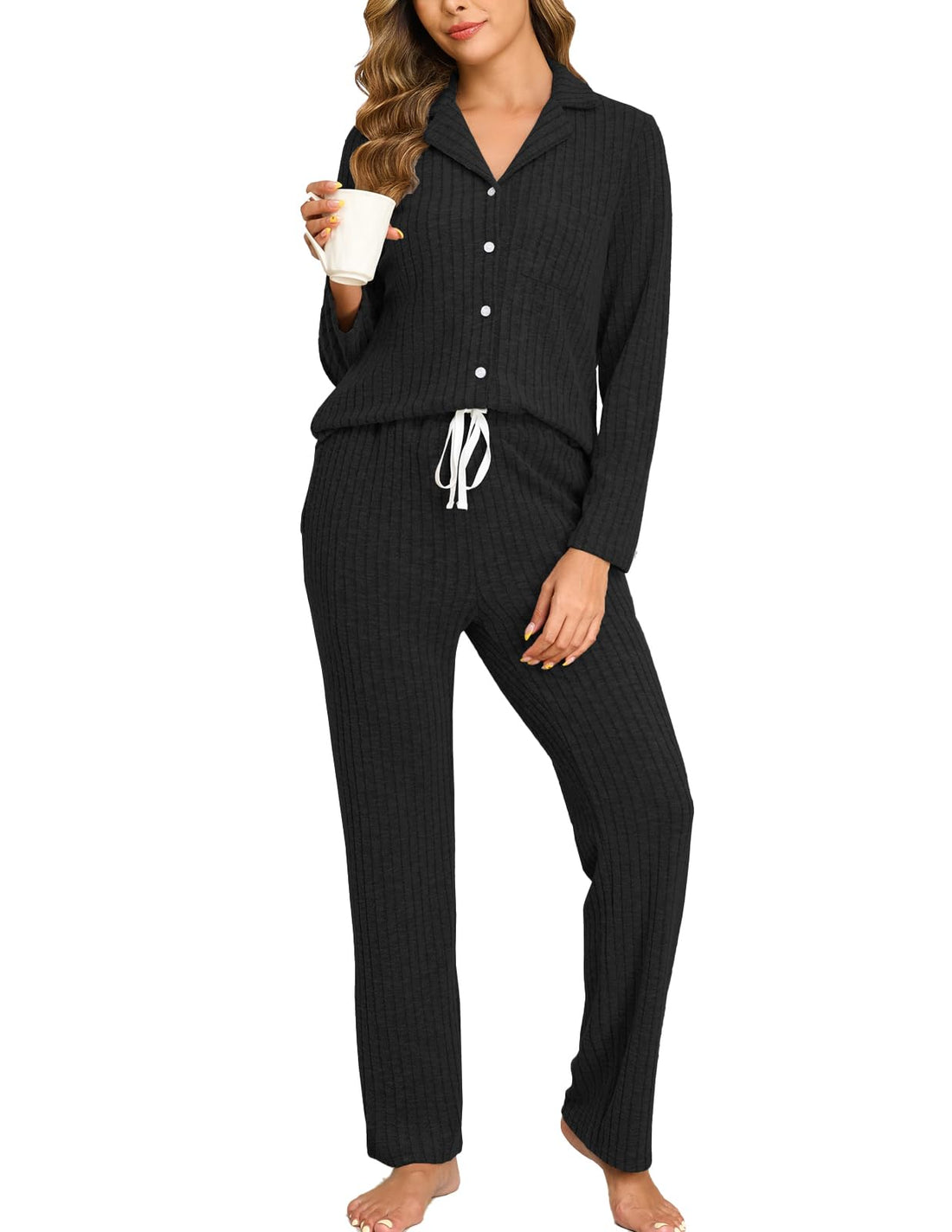 Veseacky Women's Ribbed Knit Pajamas Set 2 Piece Warm Soft Loungewear Sleepwear Pjs S-XXL