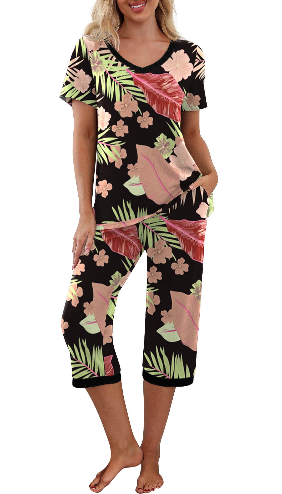 PrinStory Womens Pajama Sets Capri Pjs Soft Lounge Sets S-4XL