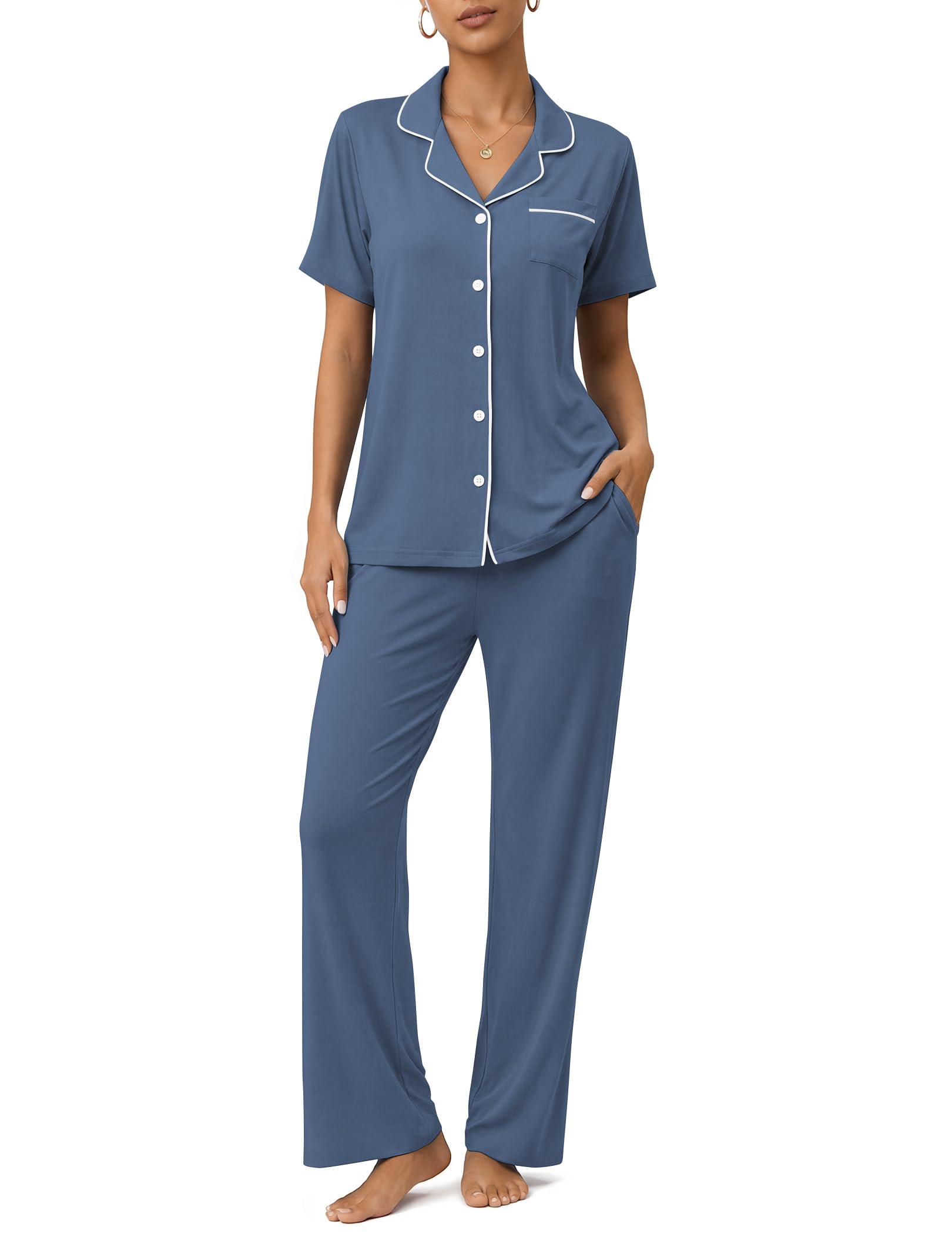 Womens Pajamas Sets 2 Piece Button Up Pj Sets Short Sleeve with Long Pant