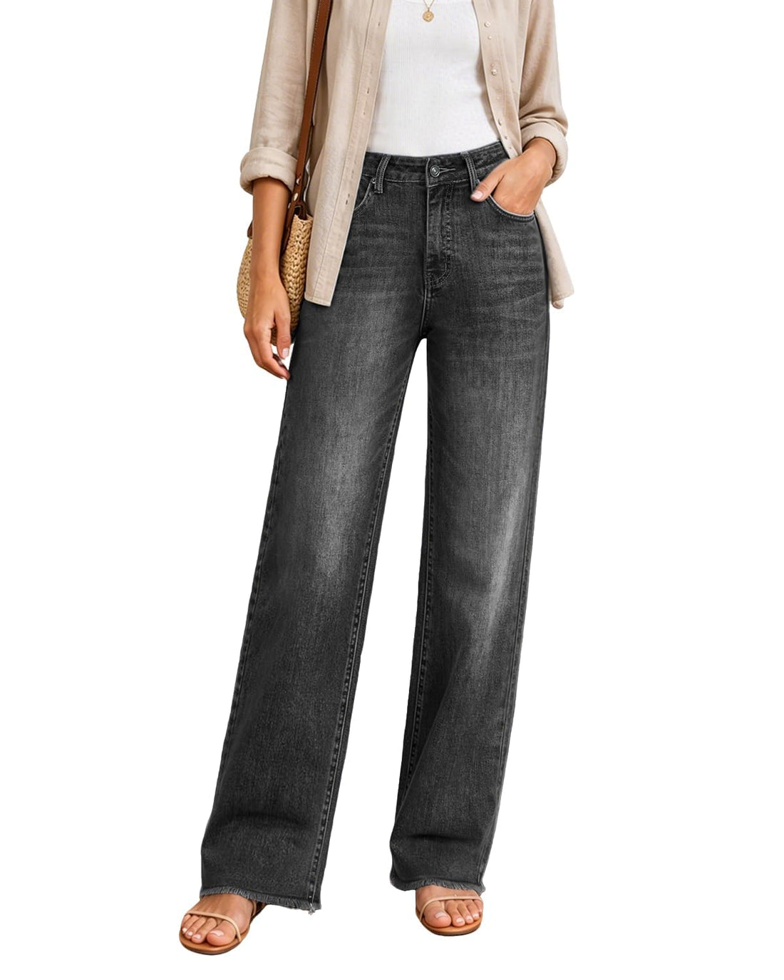 Womens High Waisted Jeans Stretchy Straight Leg Loose Fit Tummy Control Raw Hem Denim Pants Trendy Fashion