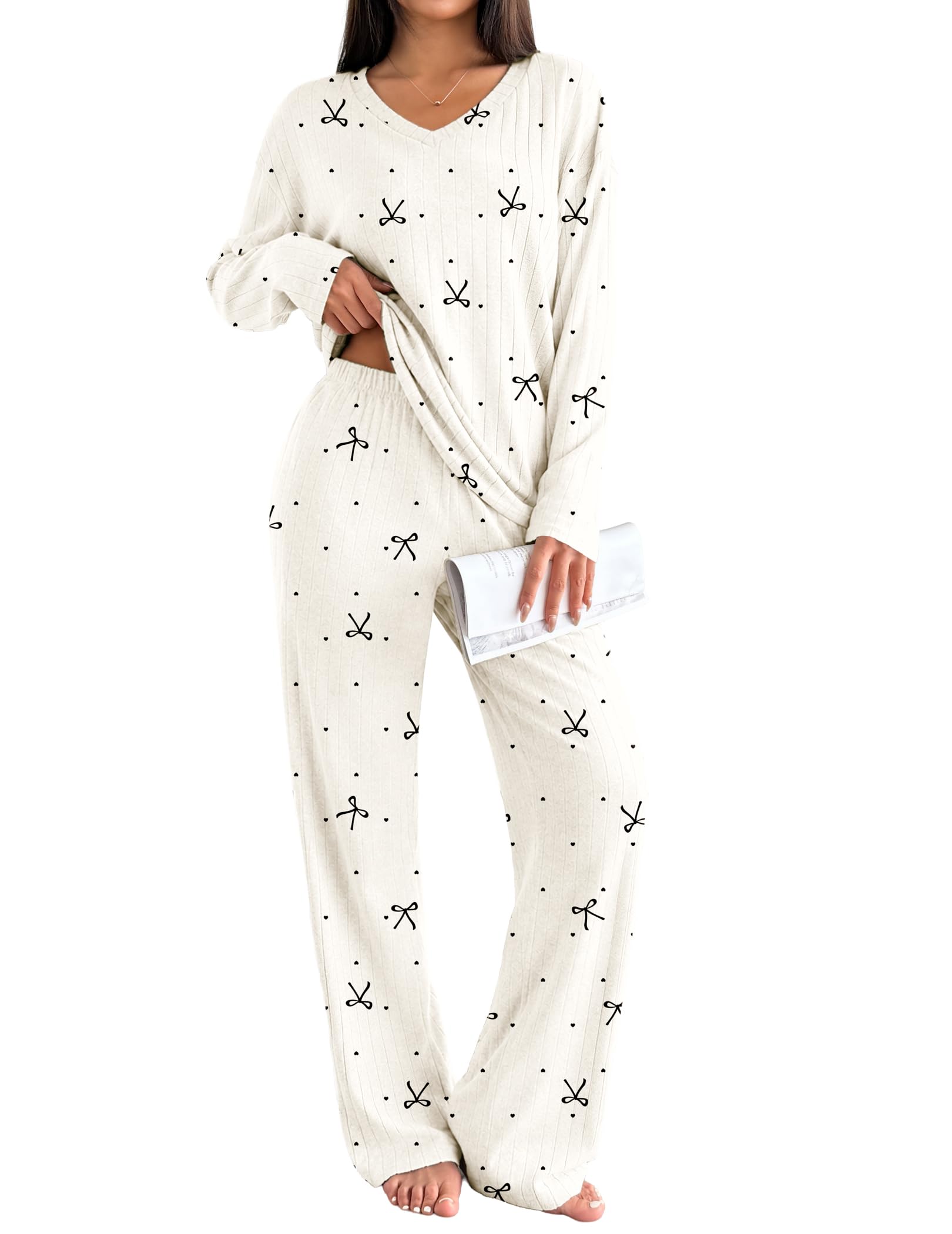 Ekouaer Lounge Sets for Women Long Sleeve Knit Ribbed Pajama Sets 2 Piece Casual Loungewear with Pockets