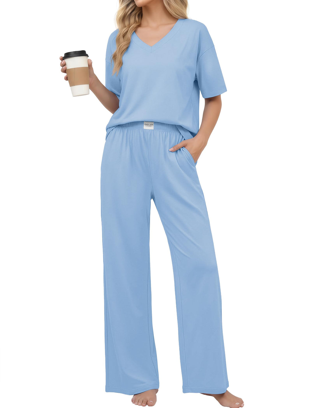 Ekouaer Womens Pajama Sets Cotton Short Sleeve Long Pants Lounge Set