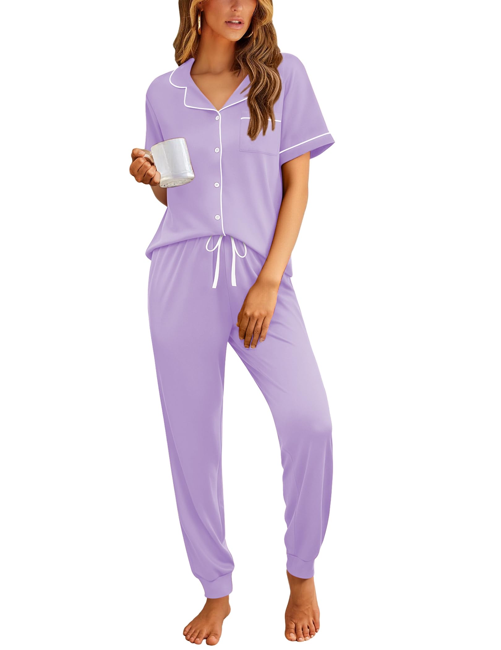 Ekouaer Women Pajama Set Short Sleeve Button Down Pjs with Jogger Pants
