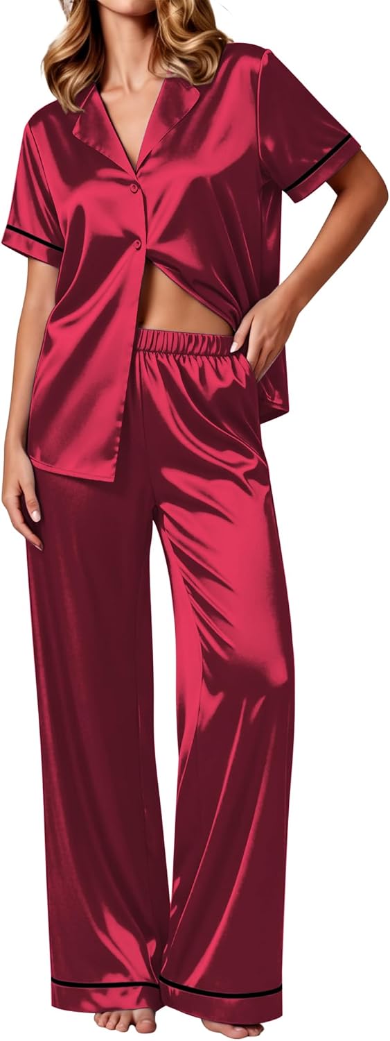 Ekouaer Women's Silk Pajamas Set Short Sleeve Pjs Button Down Lounge Set