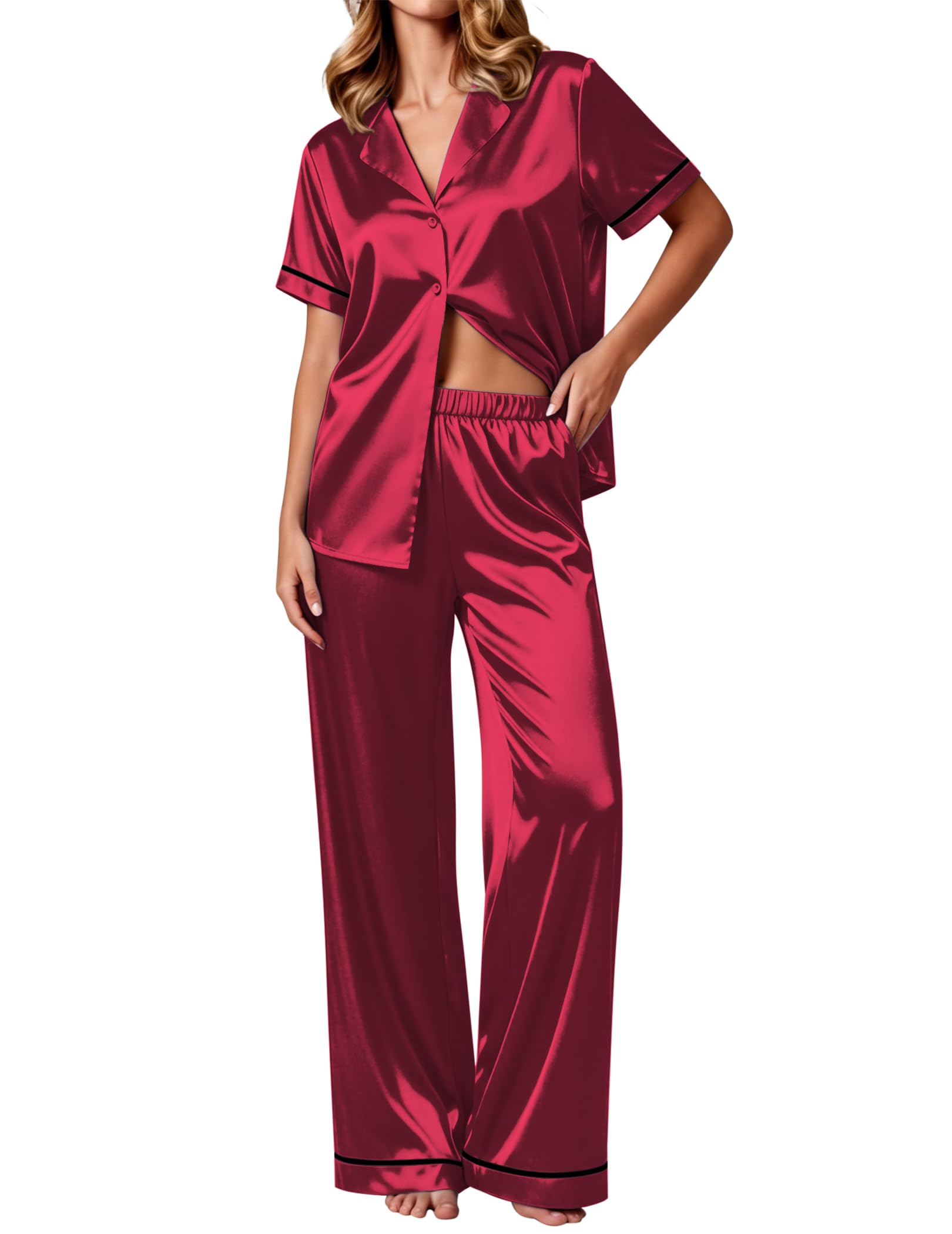 Ekouaer Women's Silk Pajamas Set Short Sleeve Pjs Button Down Lounge Set