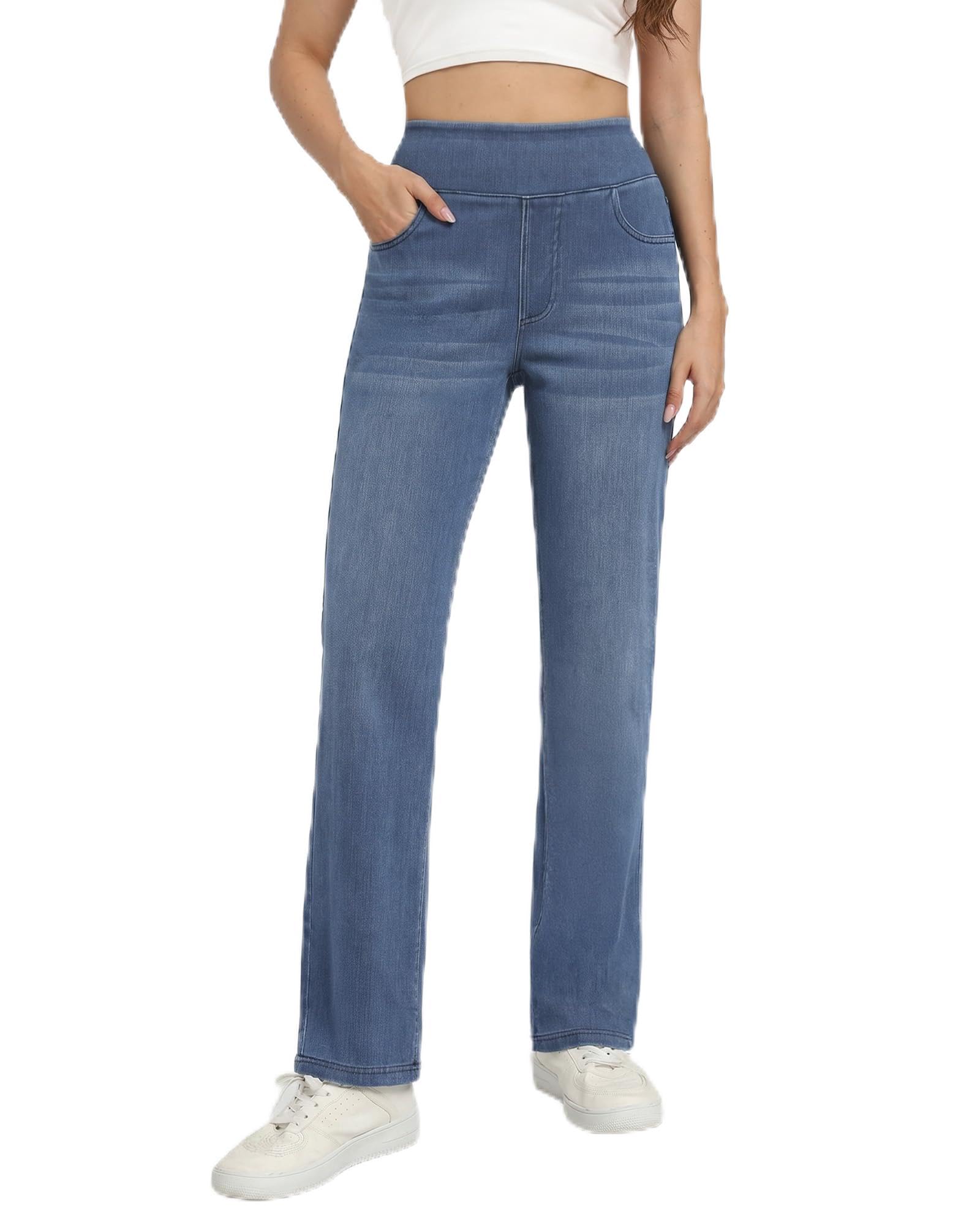 Pull on Straight Leg Jeans for Women Stretchy Sweatpant Jeans Elastic High Waist Tummy Control Trendy Denim Pants
