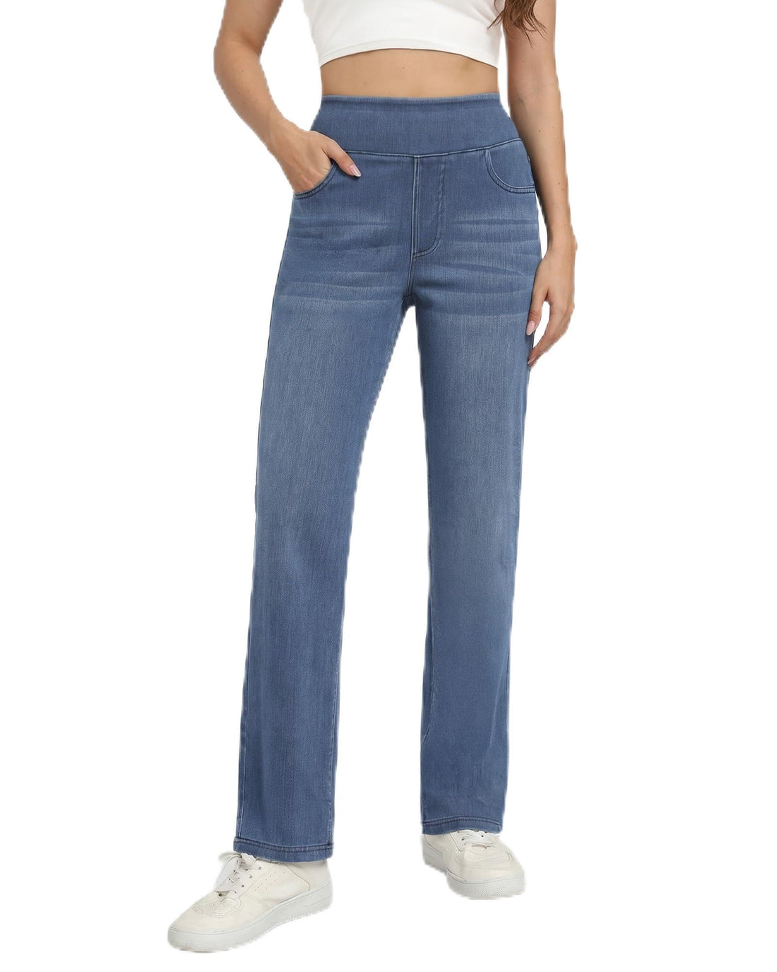Pull on Straight Leg Jeans for Women Stretchy Sweatpant Jeans Elastic High Waist Tummy Control Trendy Denim Pants