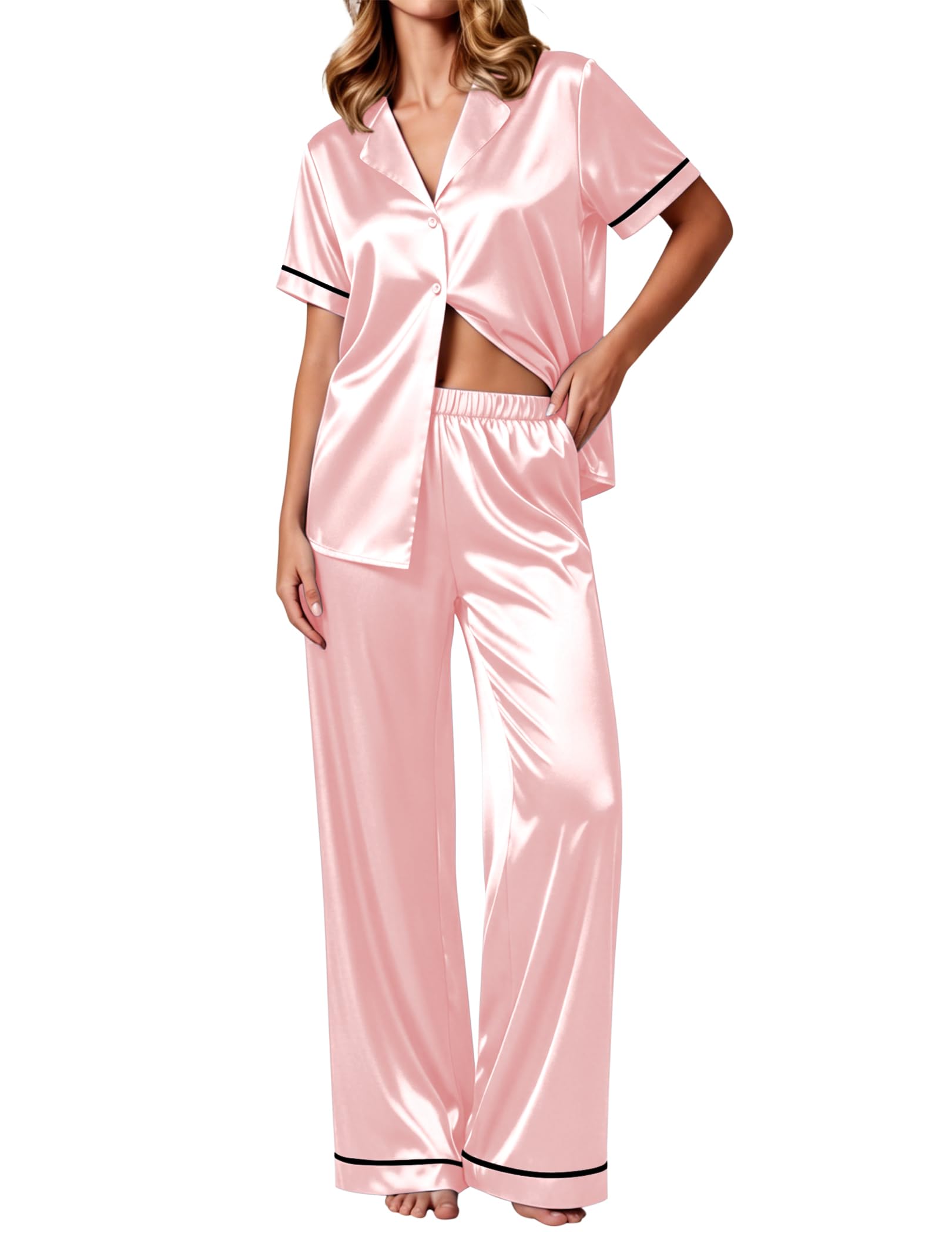 Ekouaer Women's Silk Pajamas Set Short Sleeve Pjs Button Down Lounge Set