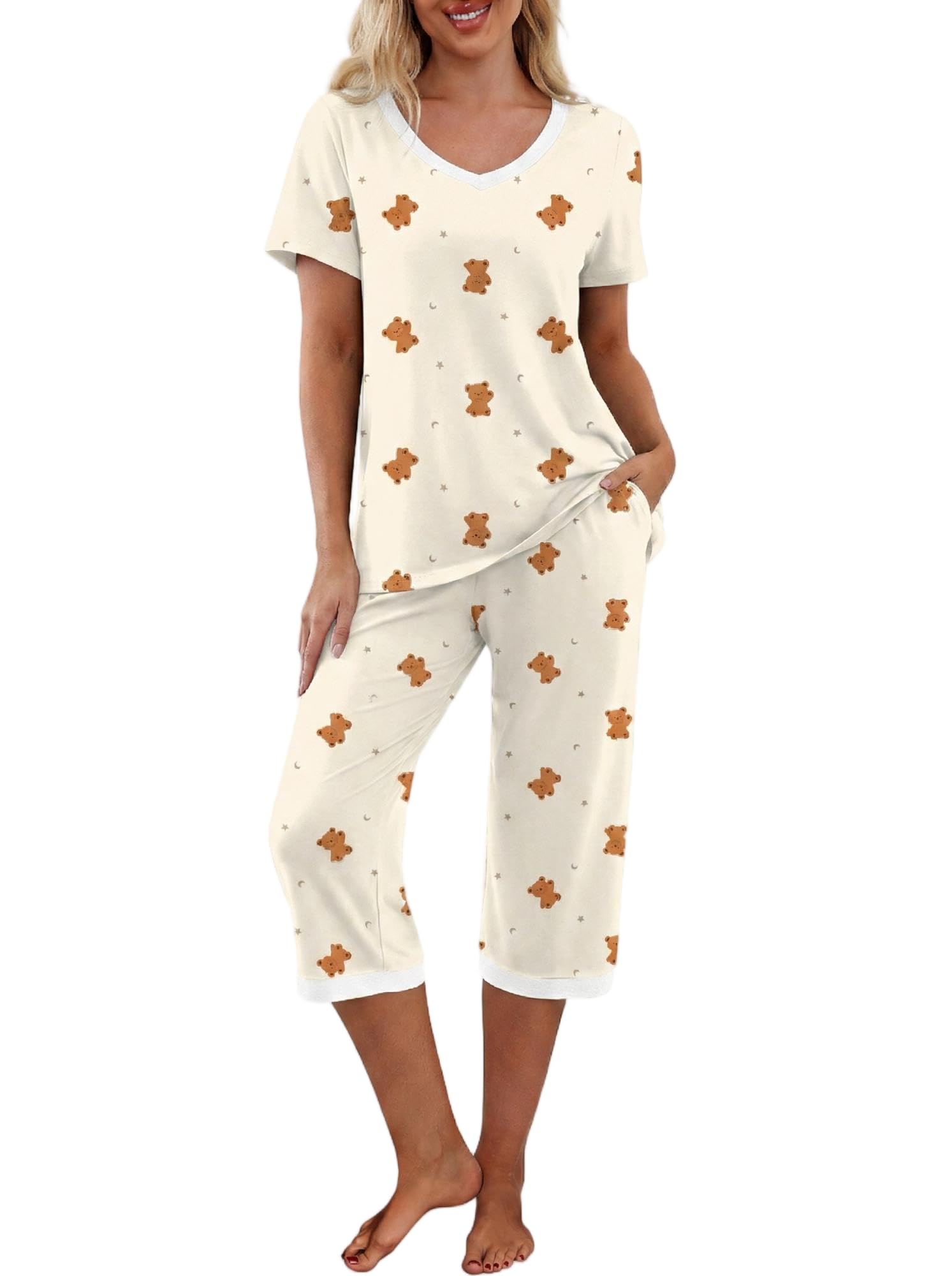 PrinStory Womens Pajama Sets Capri Pjs Soft Lounge Sets S-4XL