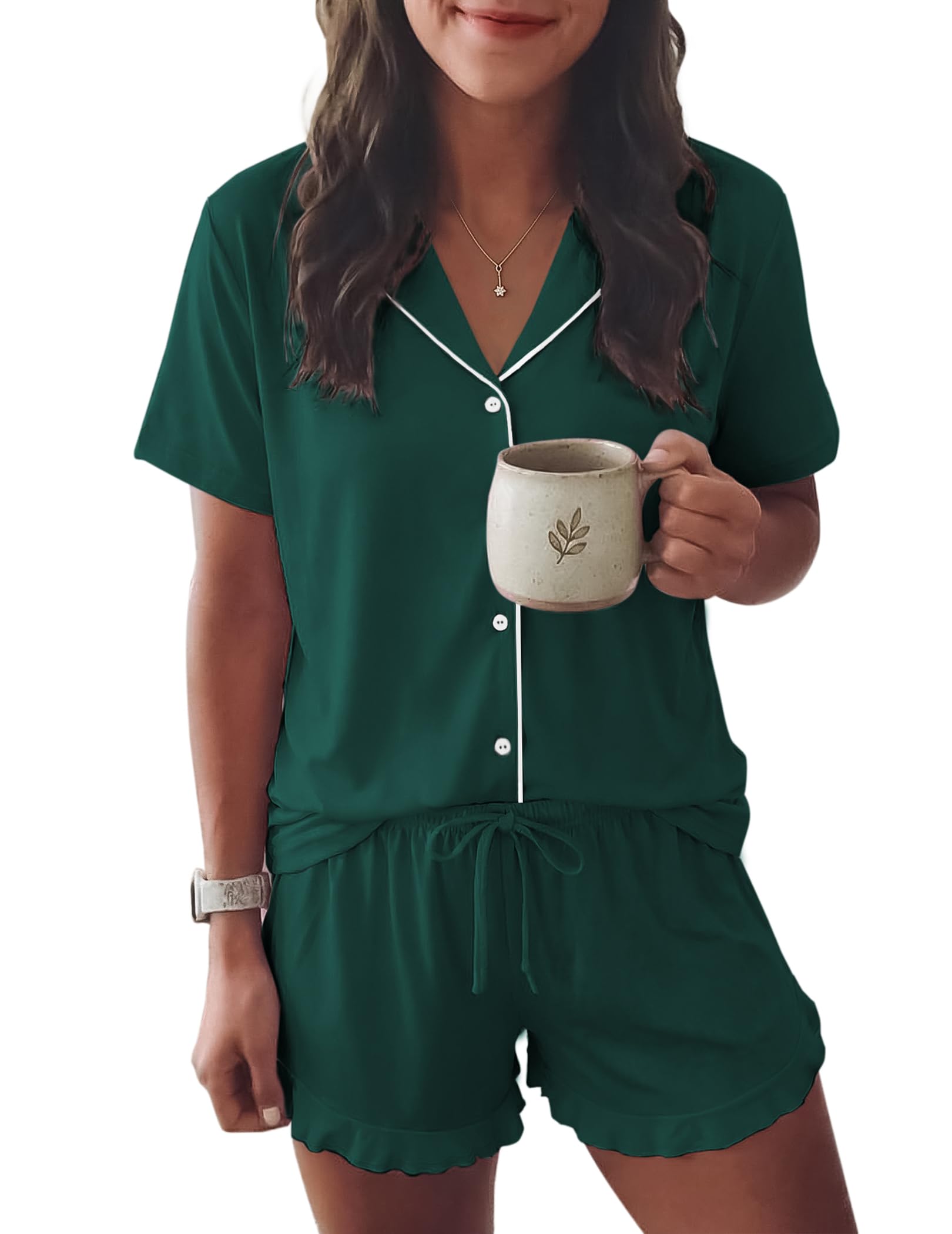 Ekouaer Womens Pajama Sets Button Down Cute Ruffled Pjs Set Sleepwear