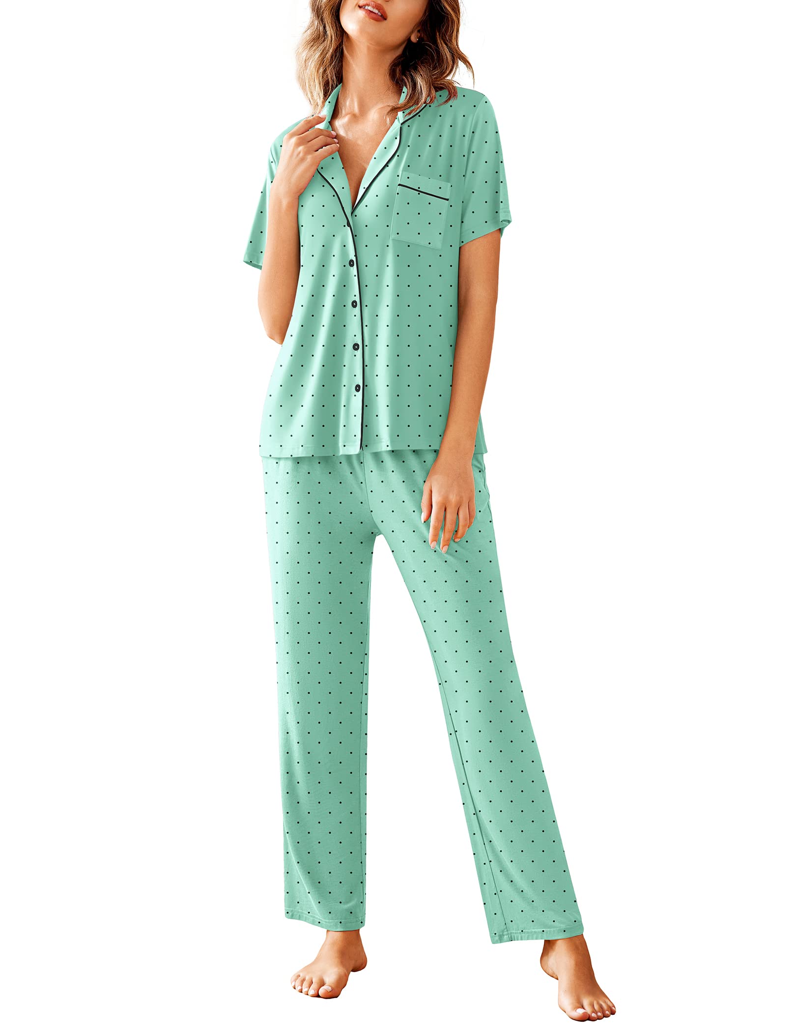 Avidlove Women Pajamas Set Notch Collar Soft Sleepwear Pjs Short Sleeve Button Down Nightwear with Long Pants