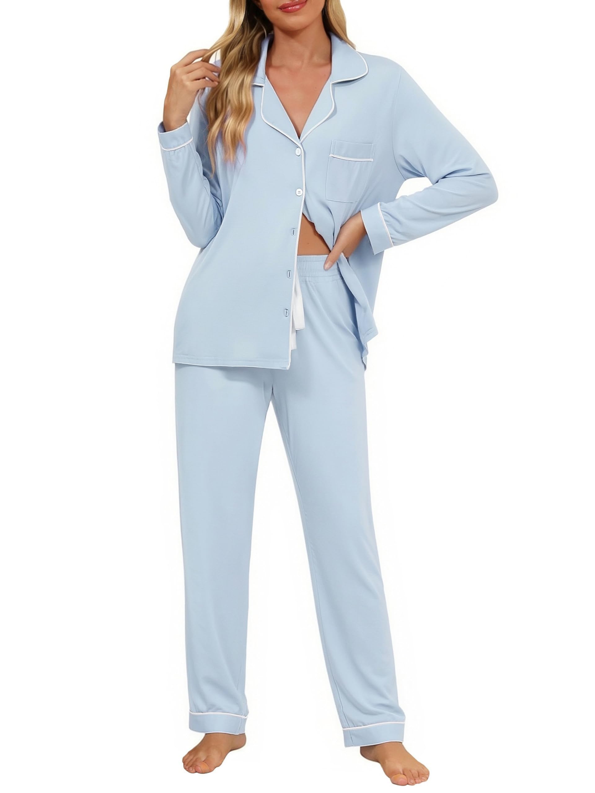 Senert Pajamas Set For Women Long Sleeve Sleepwear with Pocket Soft Button Down Shirt Long Pants Pj Lounge Sets S-XXL