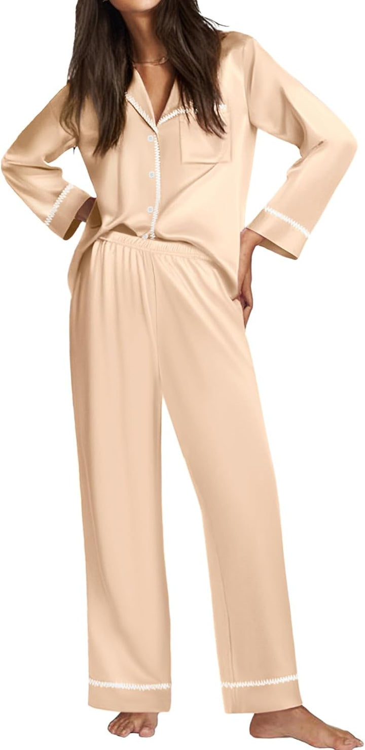 Ekouaer Satin Pajama Set for Women Silk Sleepwear Long Sleeve Top and Pants