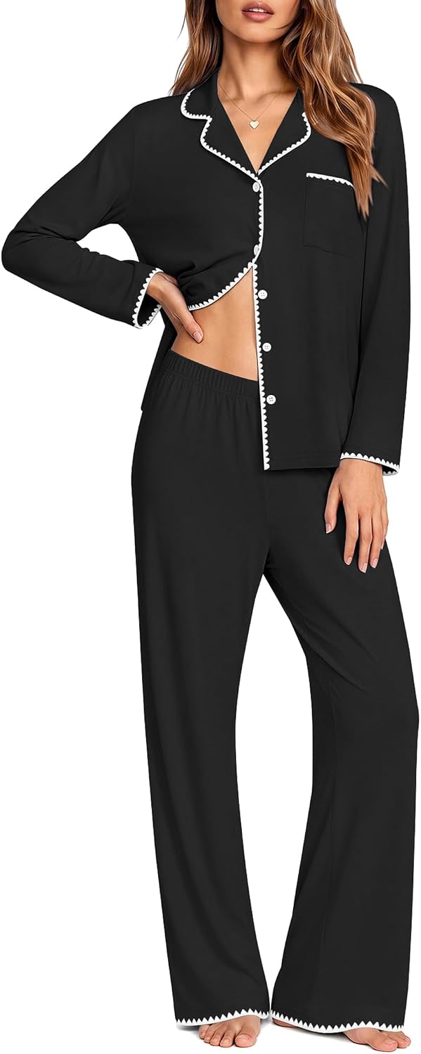 Ekouaer Pajamas for Women Set Long Sleeve Lounge Set Soft Button Down Pjs