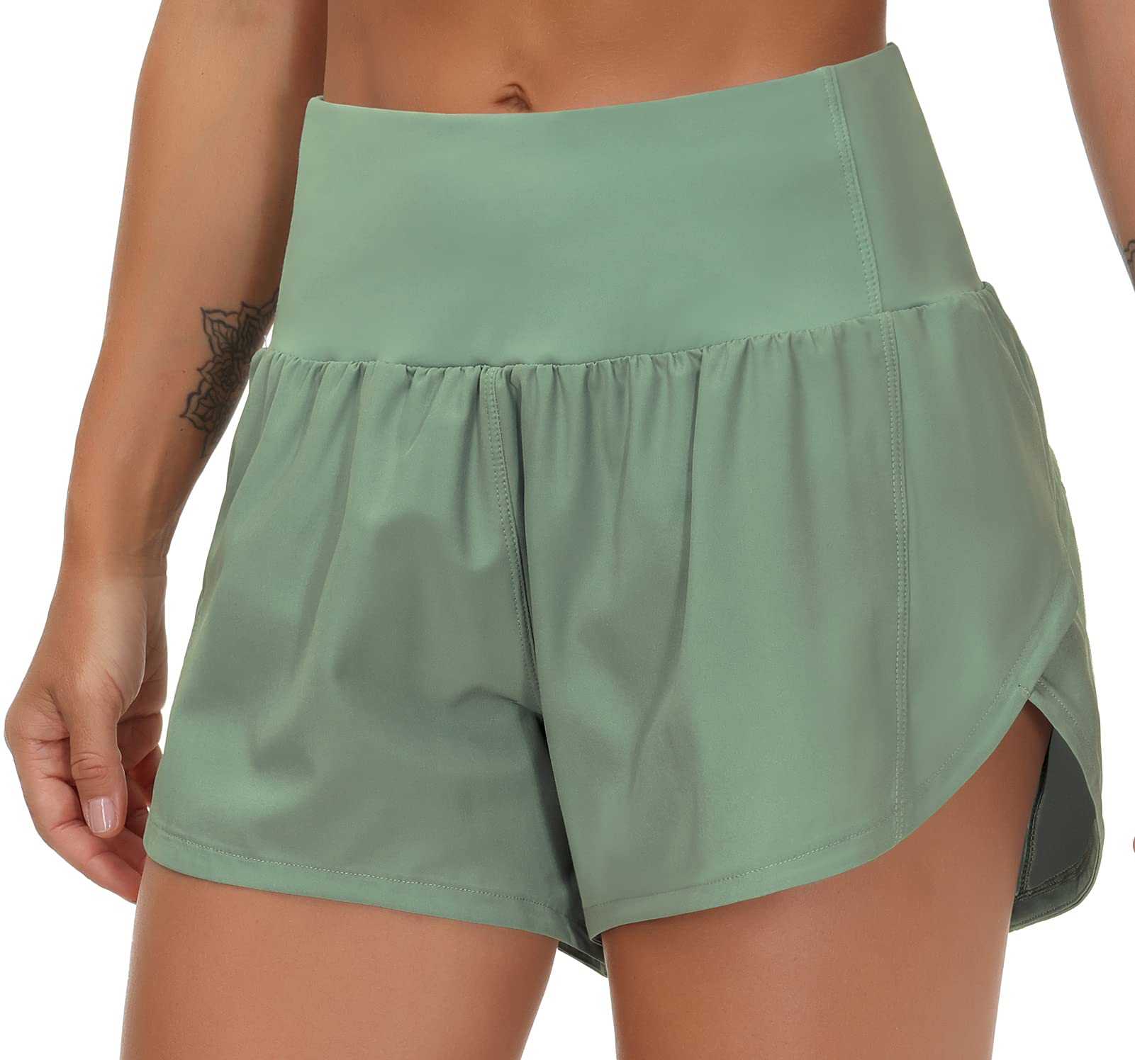 THE GYM PEOPLE Women's High Waisted Running Shorts Quick Dry Workout Shorts | High Waist, Slim Fitted, Built-in Mesh Lined, Back Zipper Pockets, Lightweight, Breathable, Side Slit