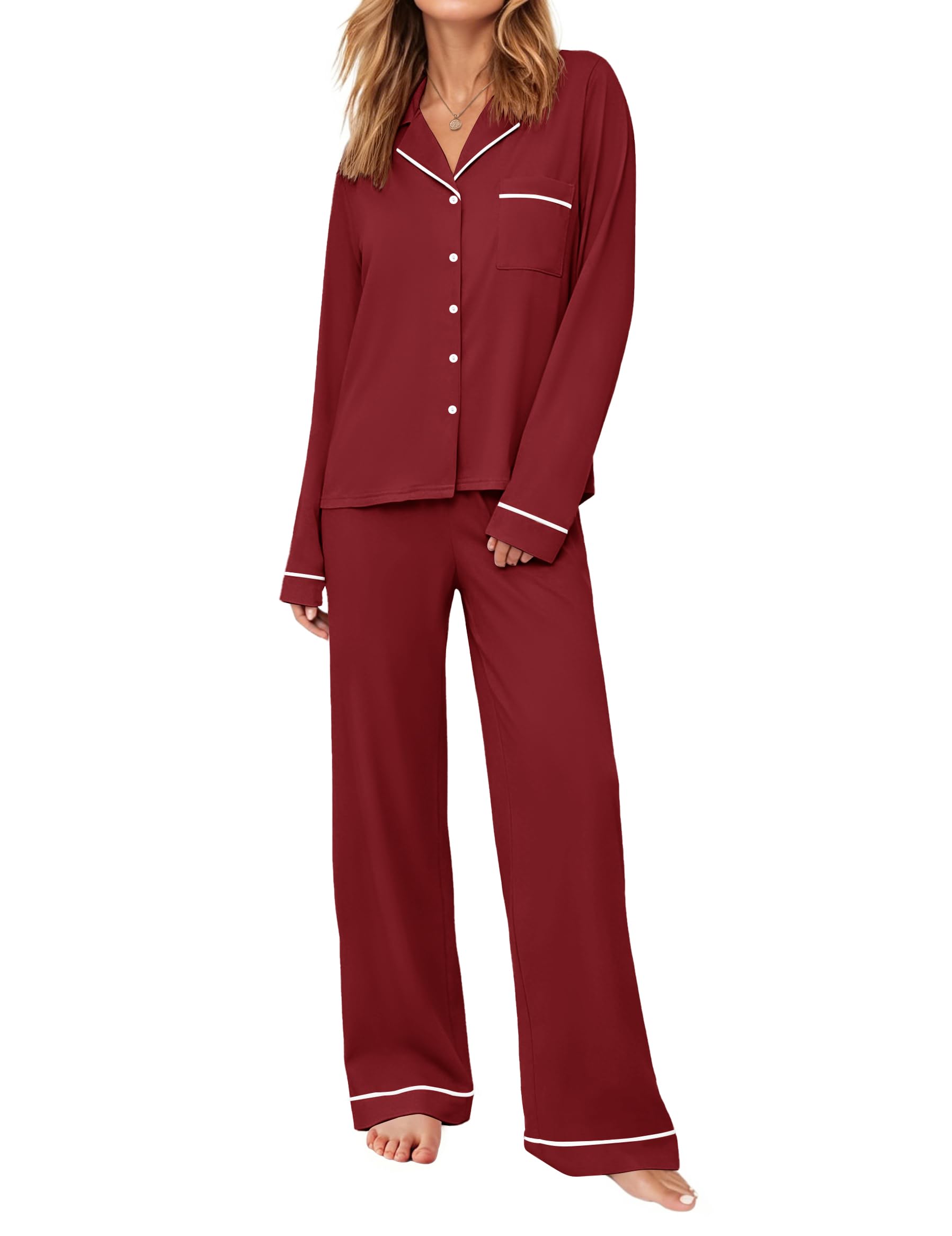 Ekouaer Womens Pajama Sets Long Sleeve Button Down Lounge Sets with Pockets
