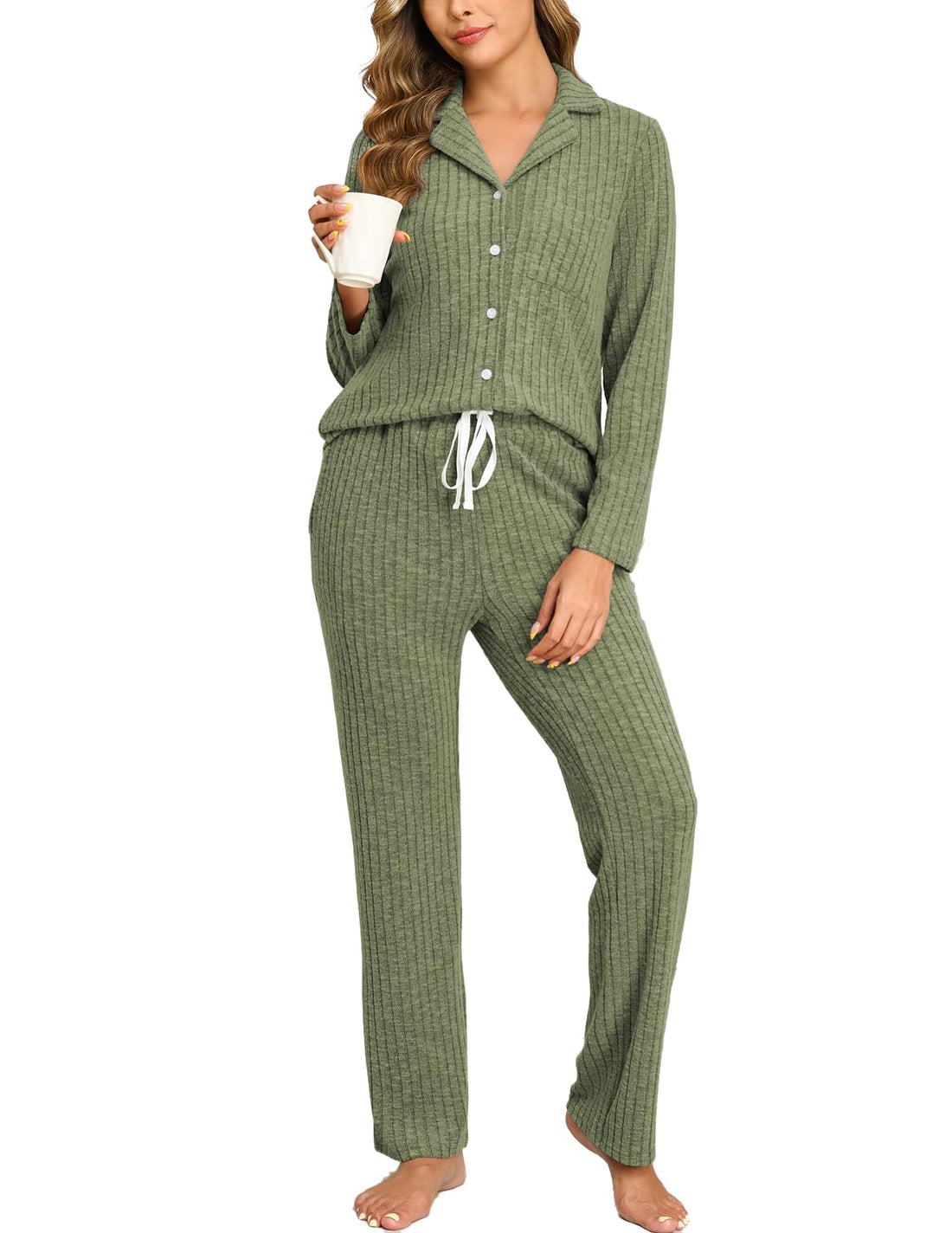 Veseacky Women's Ribbed Knit Pajamas Set 2 Piece Warm Soft Loungewear Sleepwear Pjs S-XXL