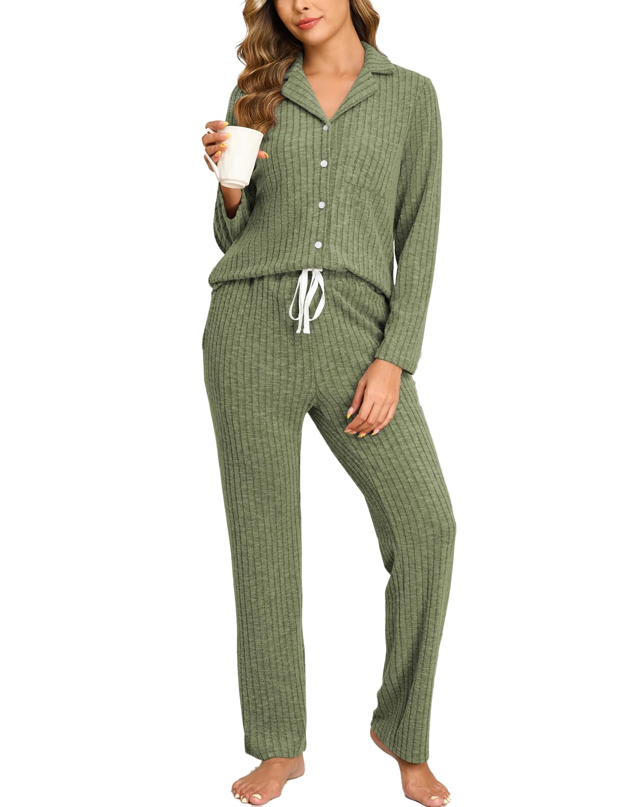 Veseacky Women's Ribbed Knit Pajamas Set 2 Piece Warm Soft Loungewear Sleepwear Pjs S-XXL