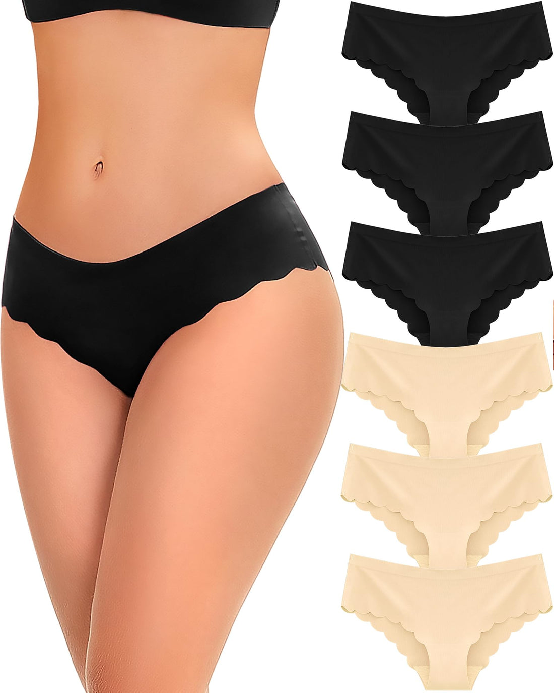 FINETOO 6 pack Seamless Underwear for Women Sexy Low Rise Hipster Wave Edge No Show Bikini Panties Womens Cheeky S-XL