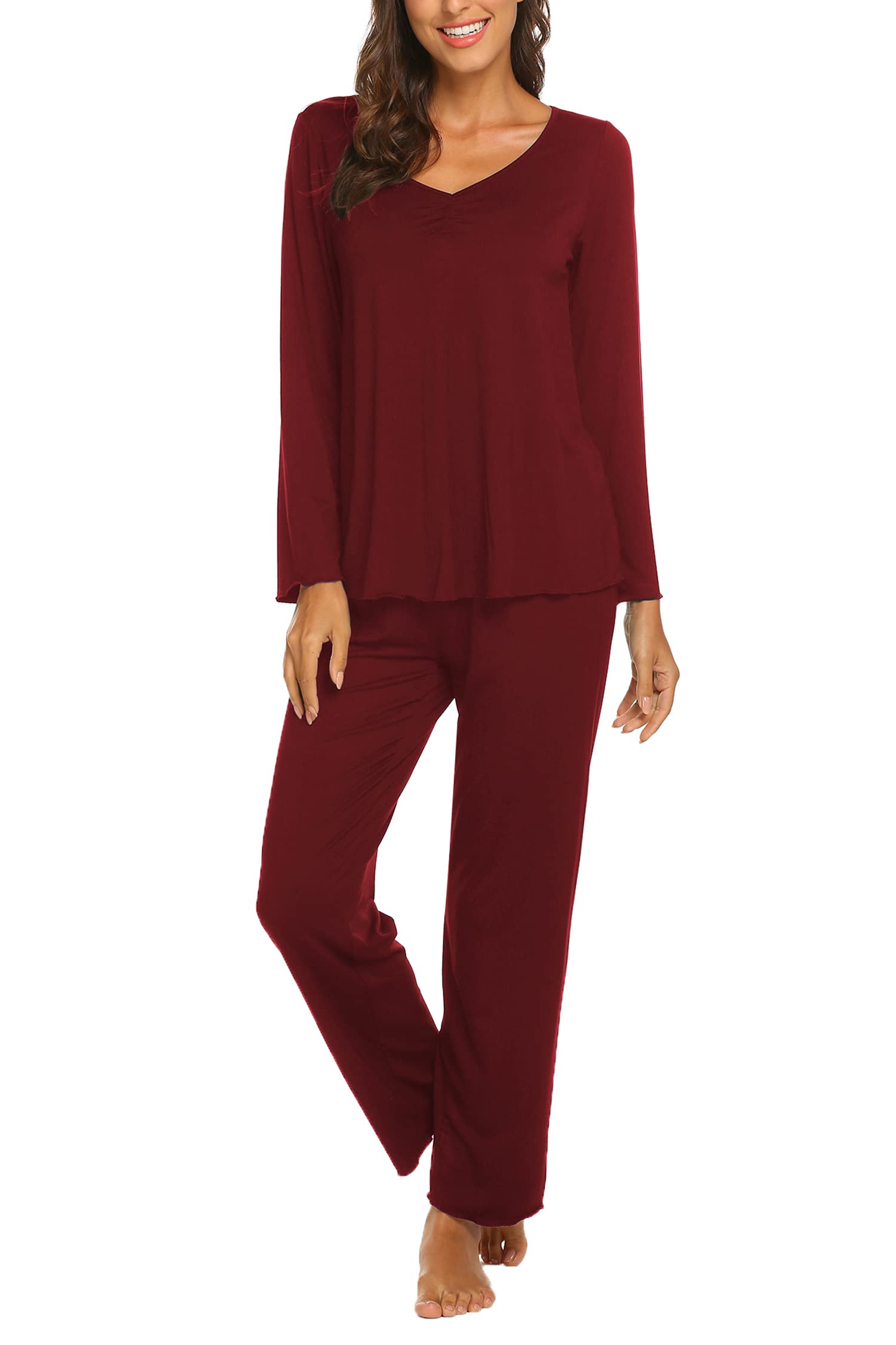 Ekouaer Pajamas for Women Set Long Sleeve Pleated Top and Pants Loungewear