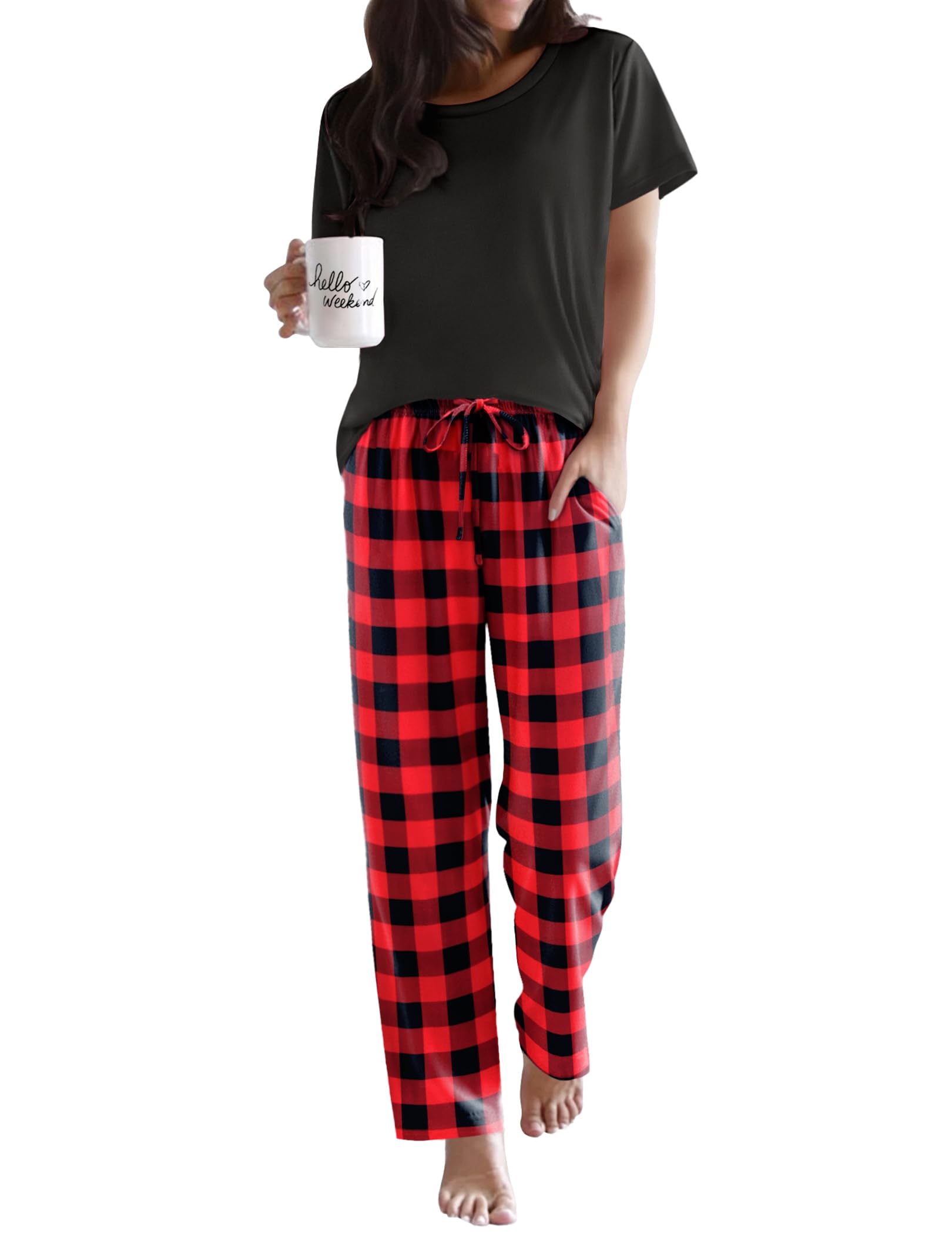 Ekouaer Womens Pajamas Sets Round Neck Pjs Loose Lounge Sets Sleepwear