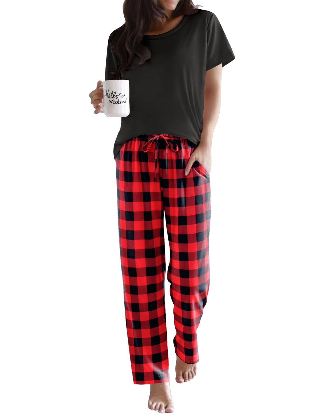 Ekouaer Womens Pajamas Sets Round Neck Pjs Loose Lounge Sets Sleepwear