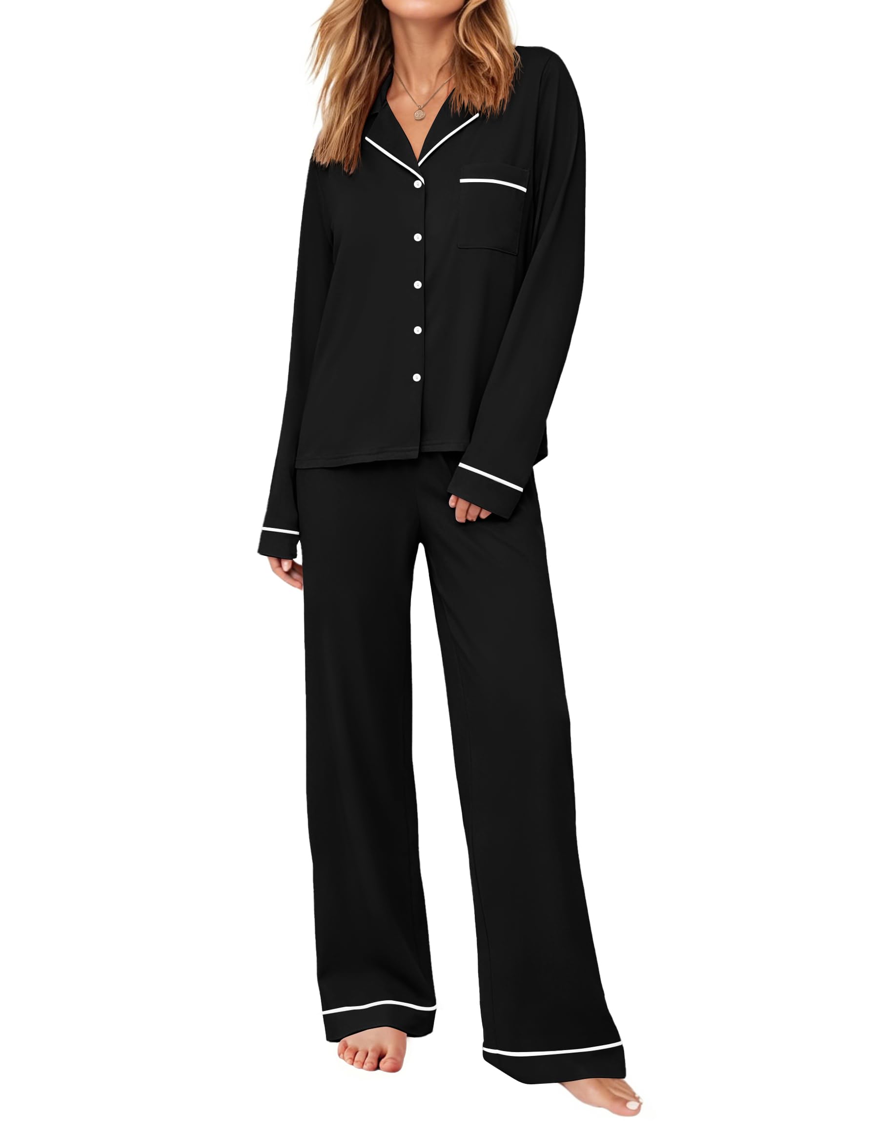 Ekouaer Womens Pajama Sets Long Sleeve Button Down Lounge Sets with Pockets