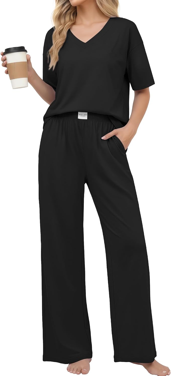 Ekouaer Womens Pajama Sets Cotton Short Sleeve Long Pants Lounge Set