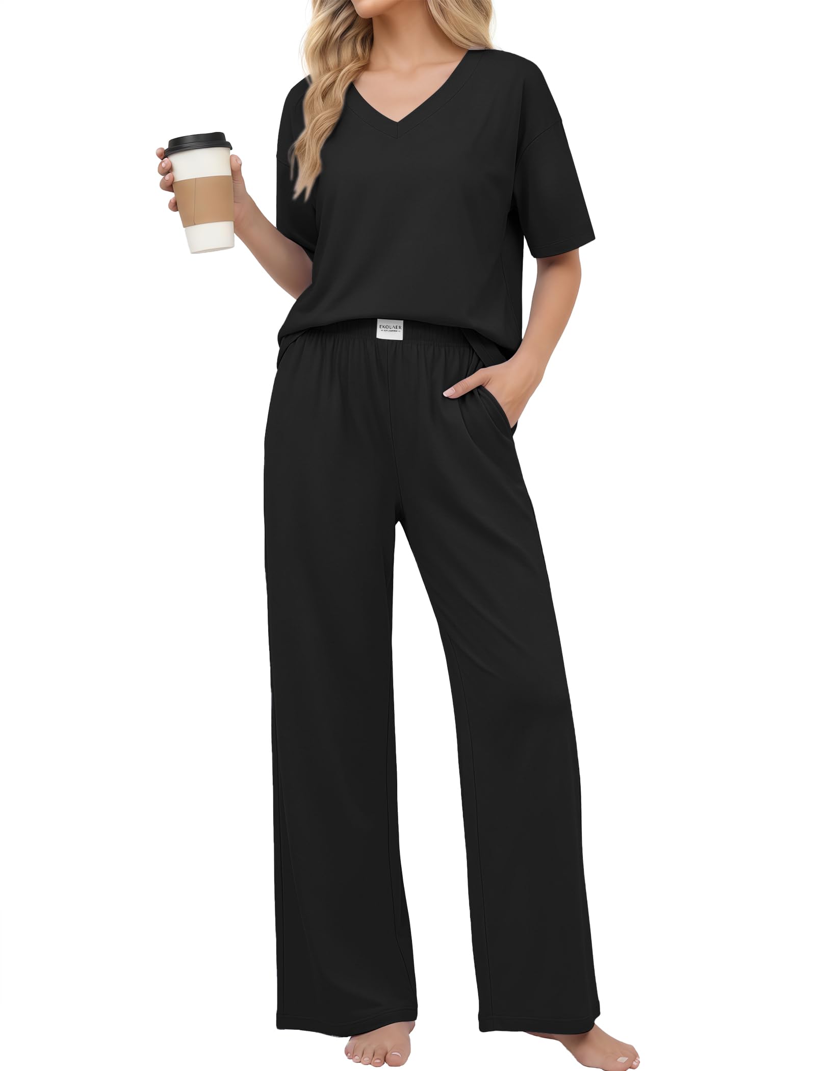Ekouaer Womens Pajama Sets Cotton Short Sleeve Long Pants Lounge Set