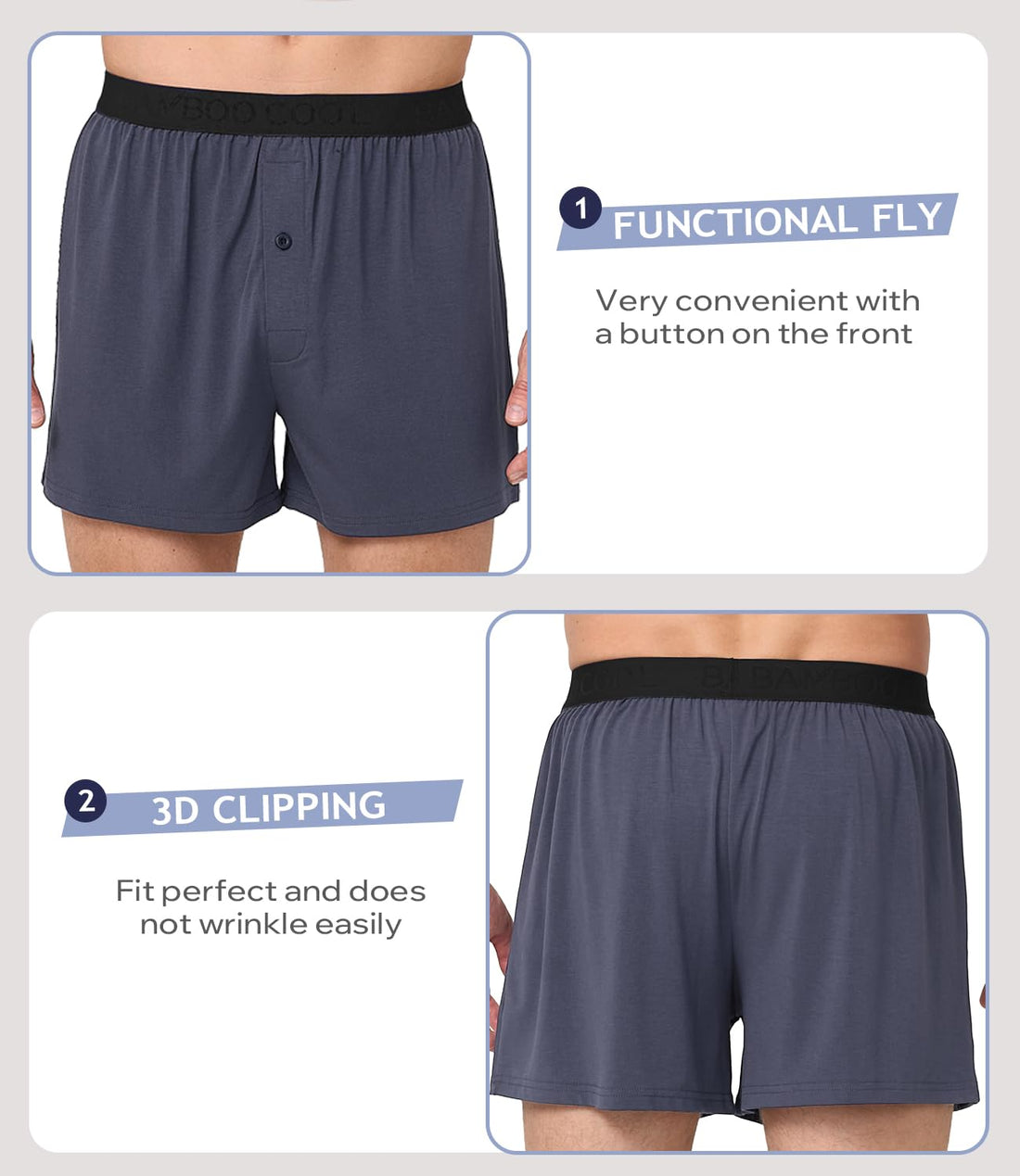 BAMBOO COOL Mens Underwear Boxers Moisture-wicking and Cool Men's Boxer Shorts Loose Fit Super Soft 4 Pack