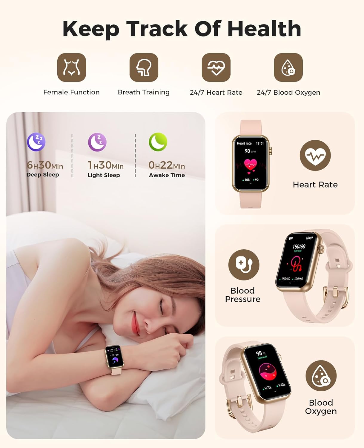 Smart Watch Fitness Tracker, Bluetooth Call, 24/7 Health Monitor for Women