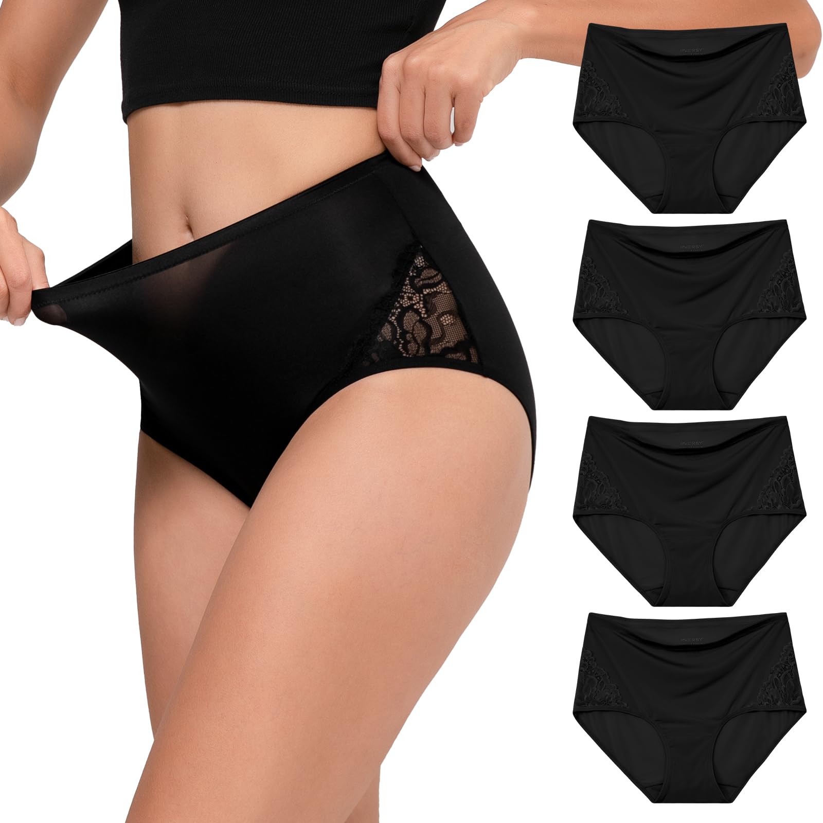 INNERSY Women's Lace Underwear Full Coverage Briefs 4 Pack | High Waisted Panties, Lightweight Stretch Nylon Blend, Quick-dry, Silky-Smooth, Breathable, Soft Cotton Crotch
